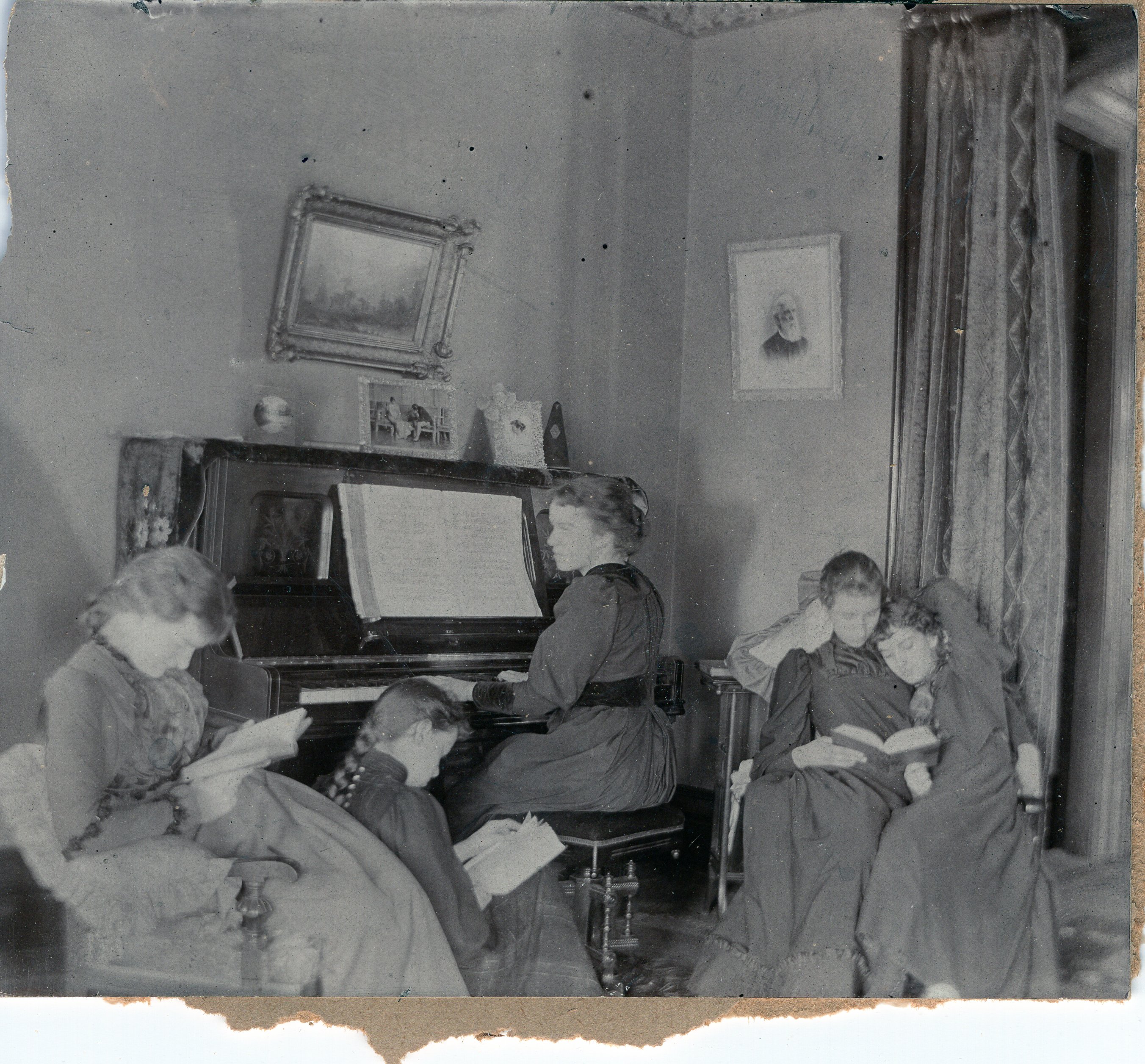 Plymouth Church Sunday School Five Girls with hymnals around piano
