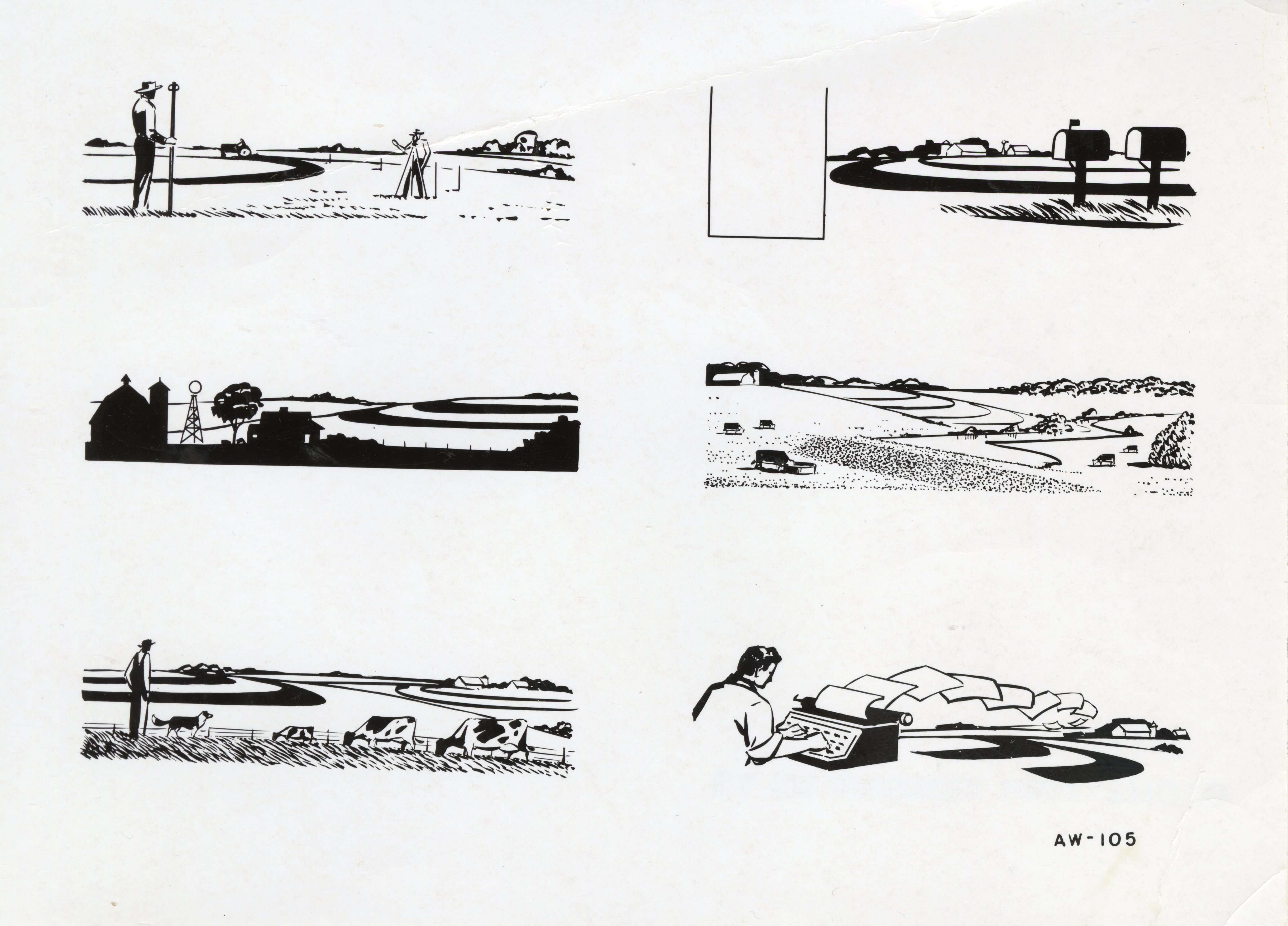Black and white drawings of rural scenes