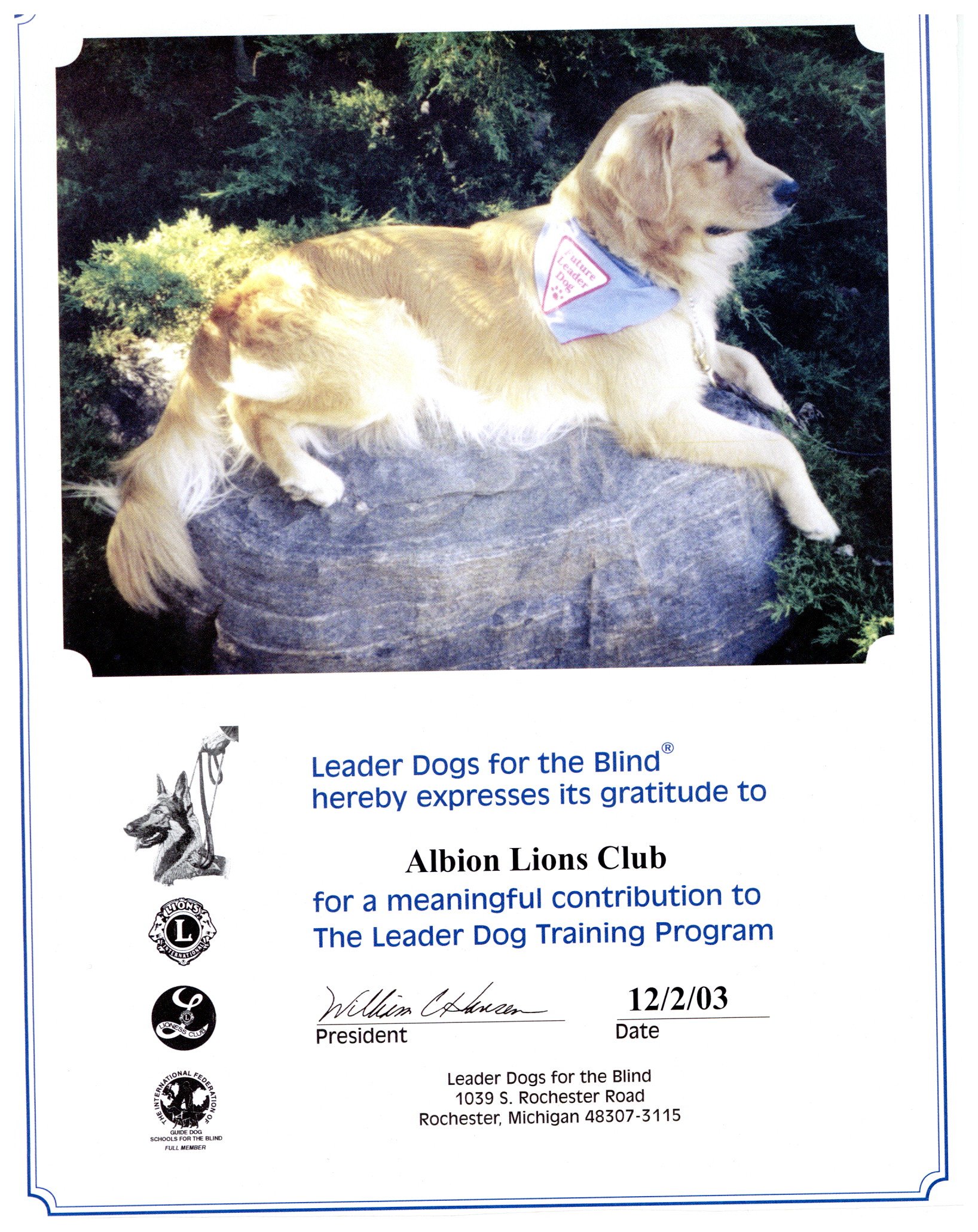 Albion Lions Club - certificate 2003