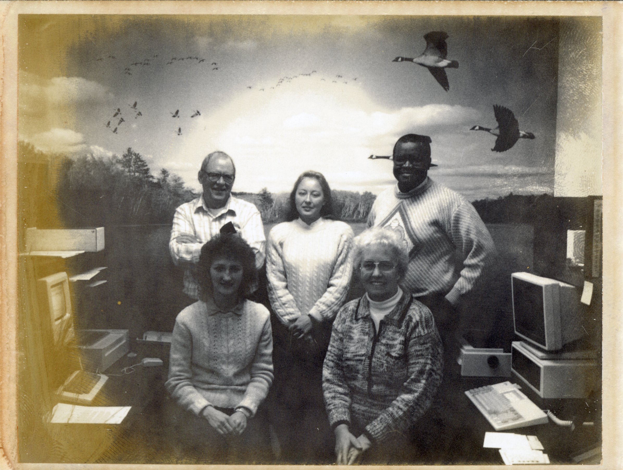 1987 Employees include front - Kathy Baughman, Dorothy Davis; back - Joe Skourup, Lisa Neidermayer, and Terry Cosby 