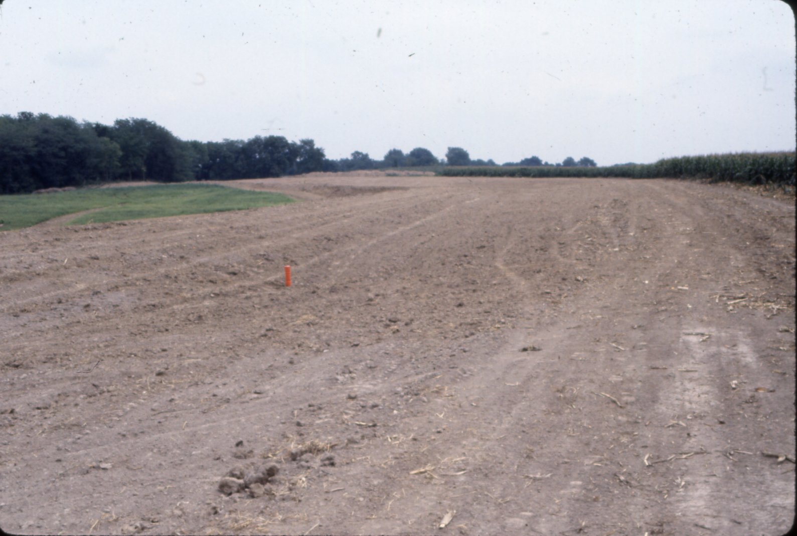 Dirt field with orange post