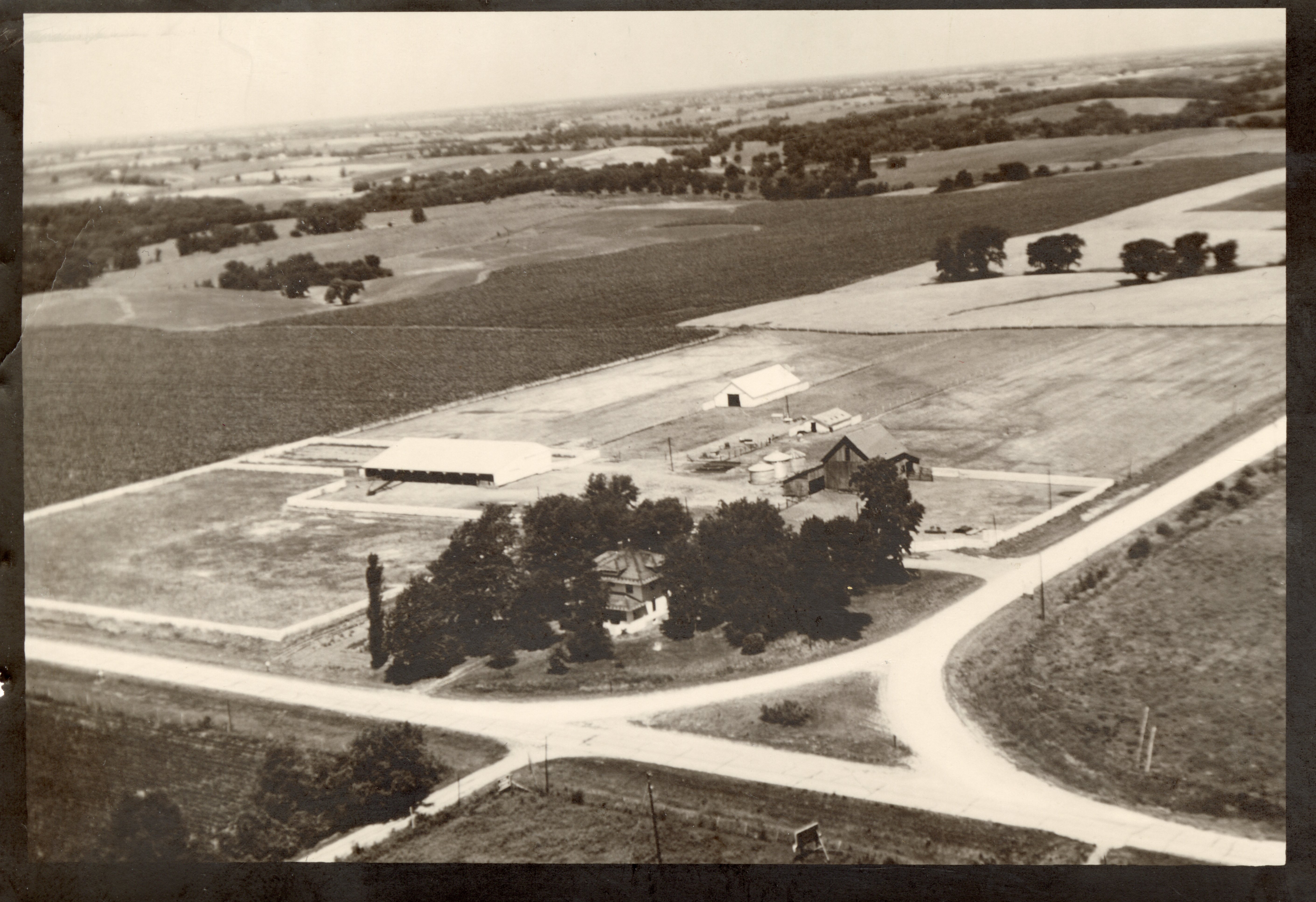 Aerial view of farm surrounded by trees