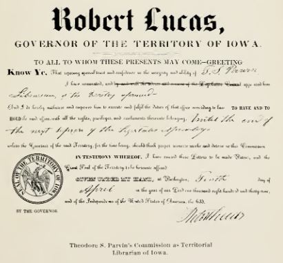 Robert Lucas' proclamation of Theodore Parvin as Territorial Librarian.