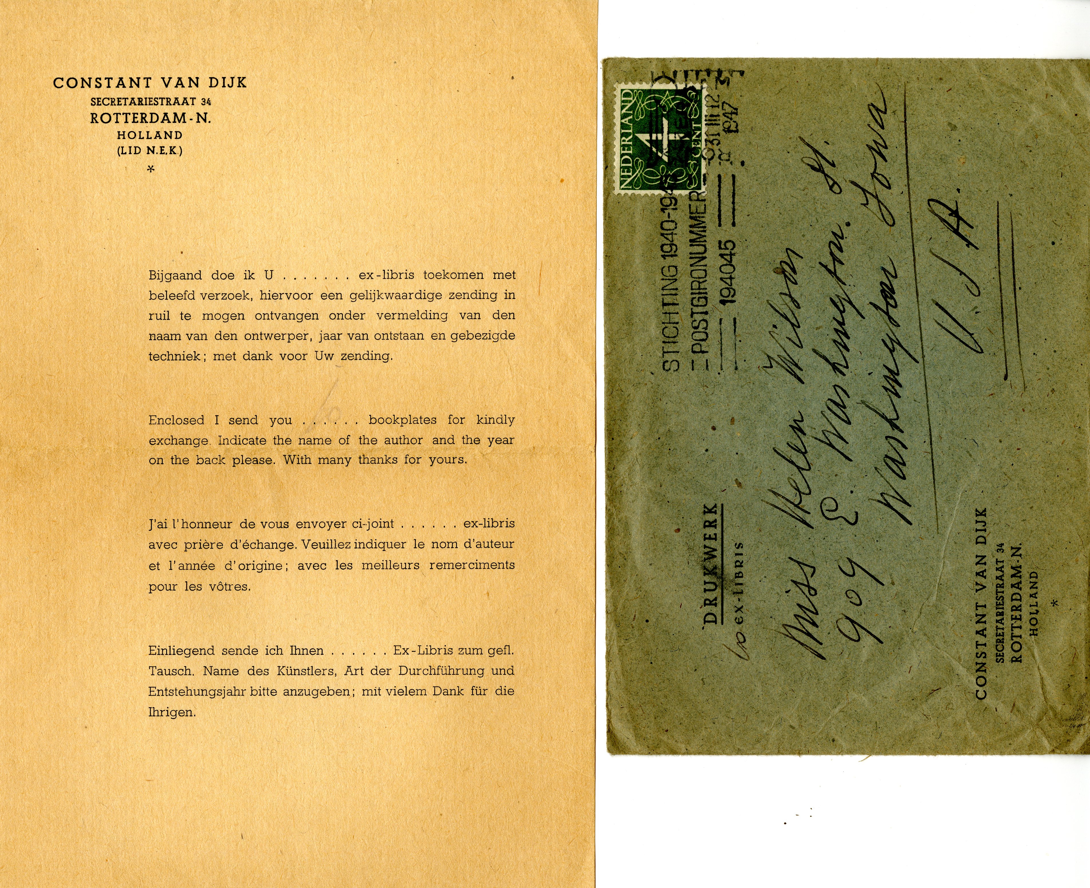 Constant Van Dijk letter to Helen Patricia (Patsy) Wilson exchanging bookplates. 