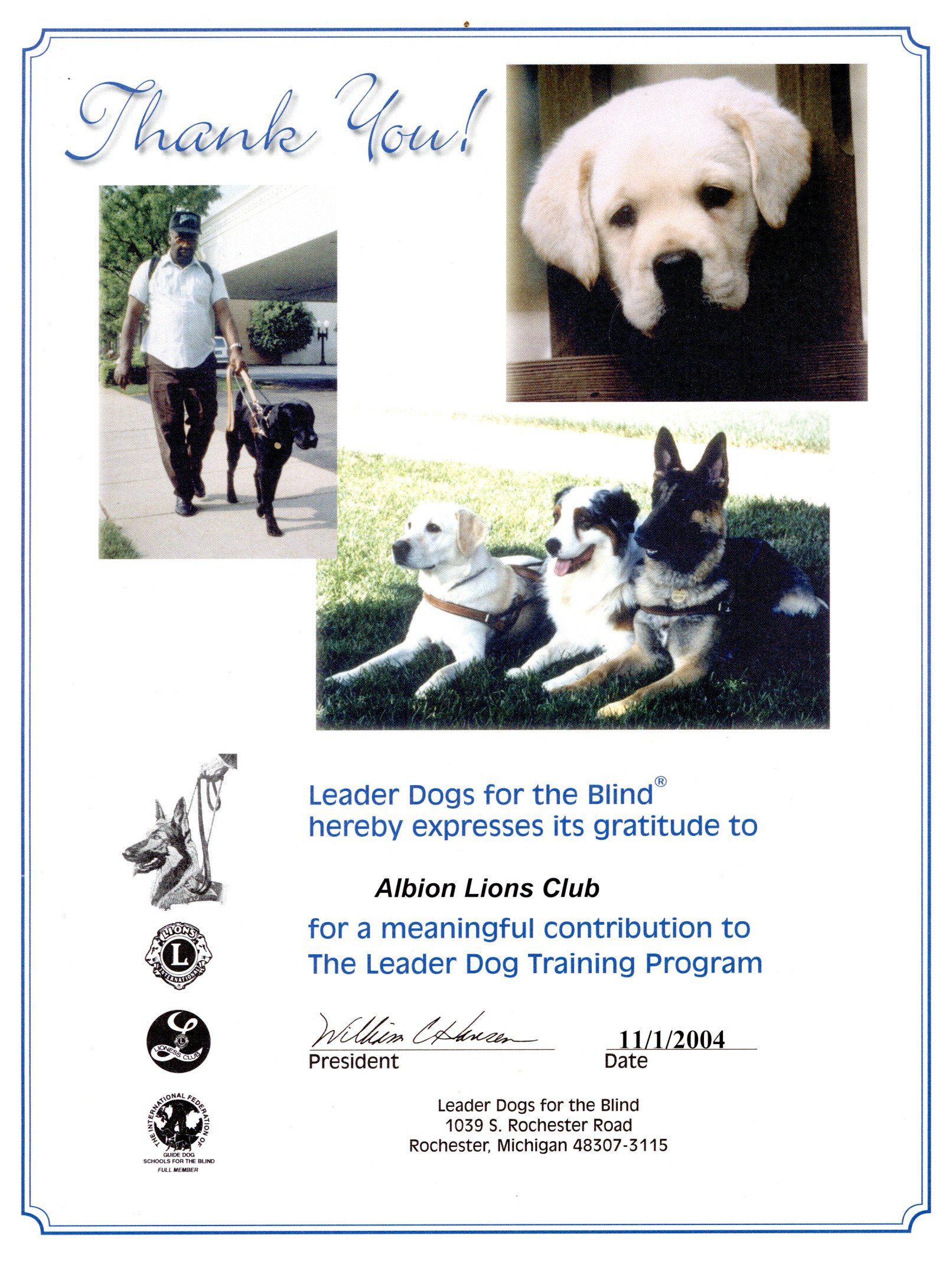 Albion Lions Club - certificate 2004
