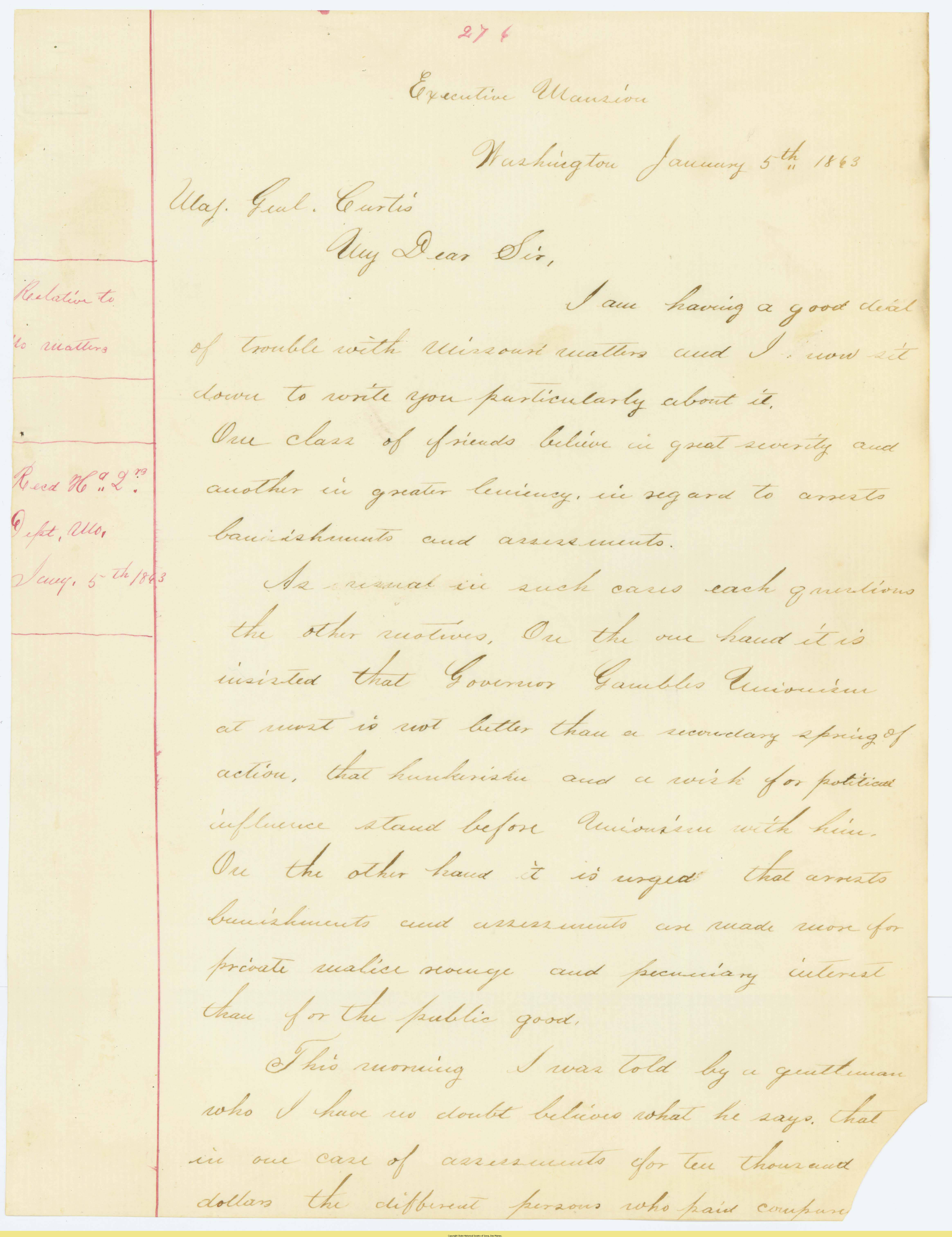 45. Lincoln to Gen. Samuel R. Curtis on military situation in Missouri