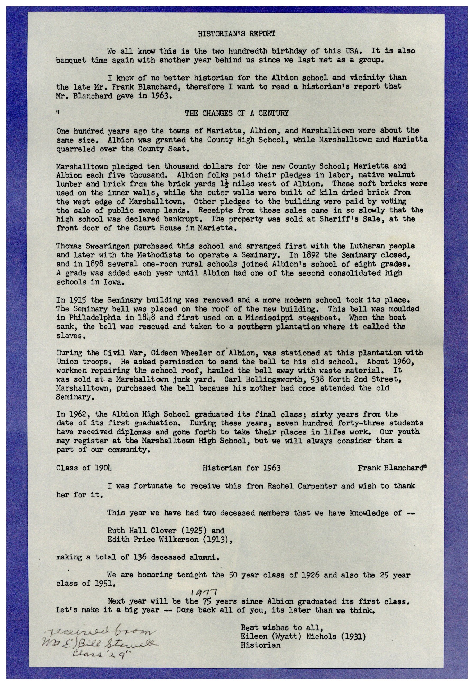 Class of 1904 Albion School Historian Report