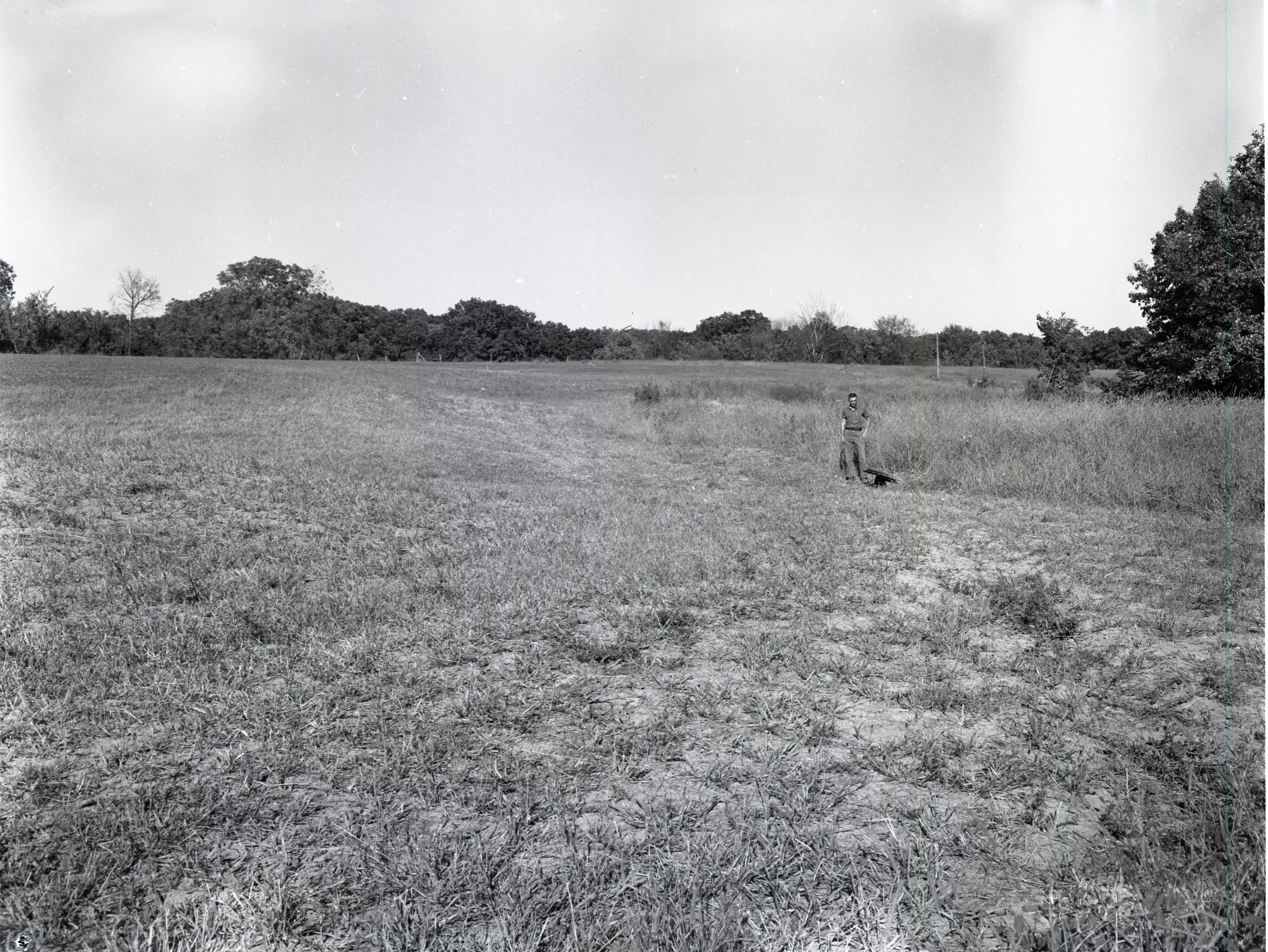 Grassy field with farmhouse and  buildings in background