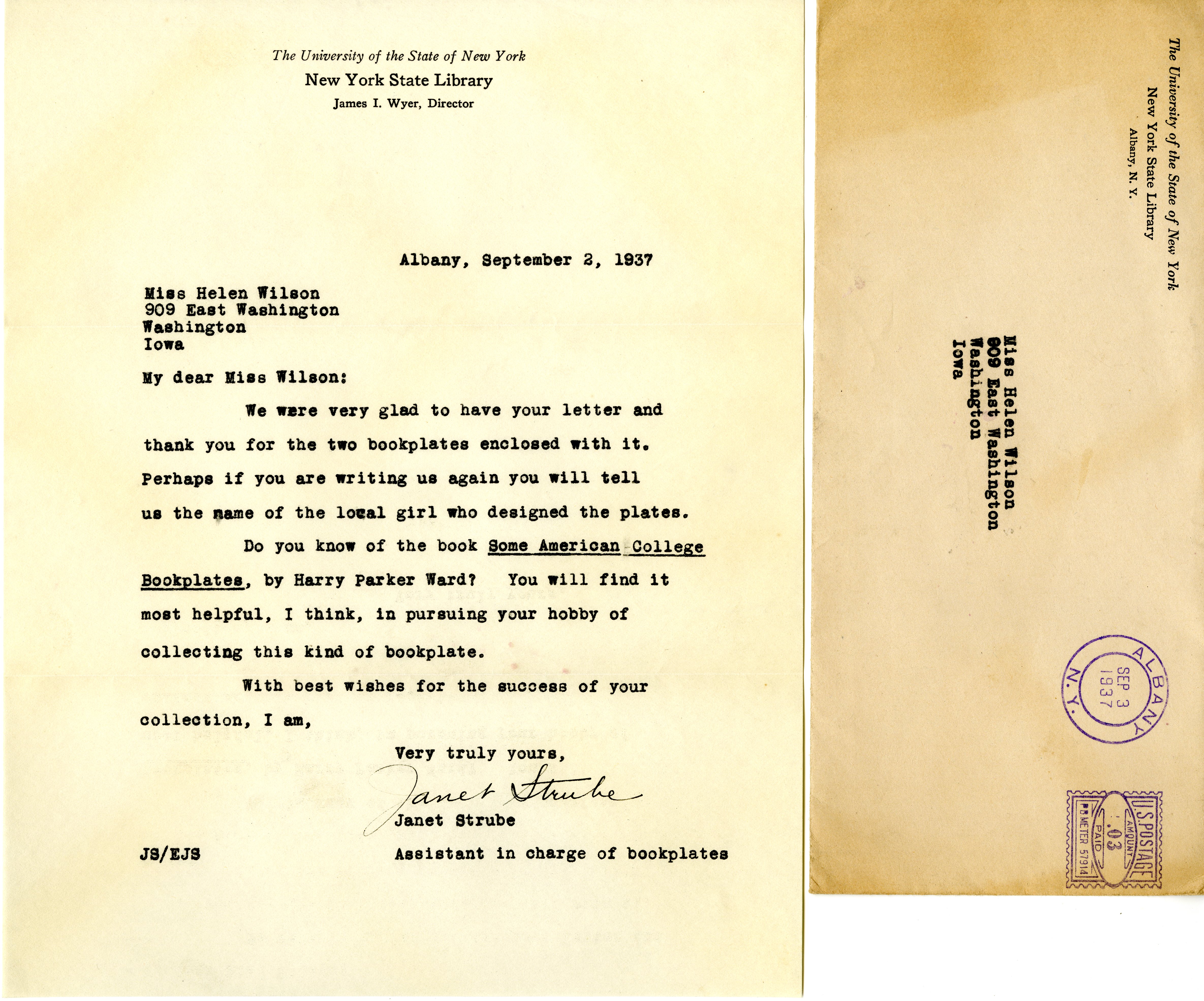 Janet Strube letter to Helen Patricia (Patsy) Wilson exchanging bookplates. 