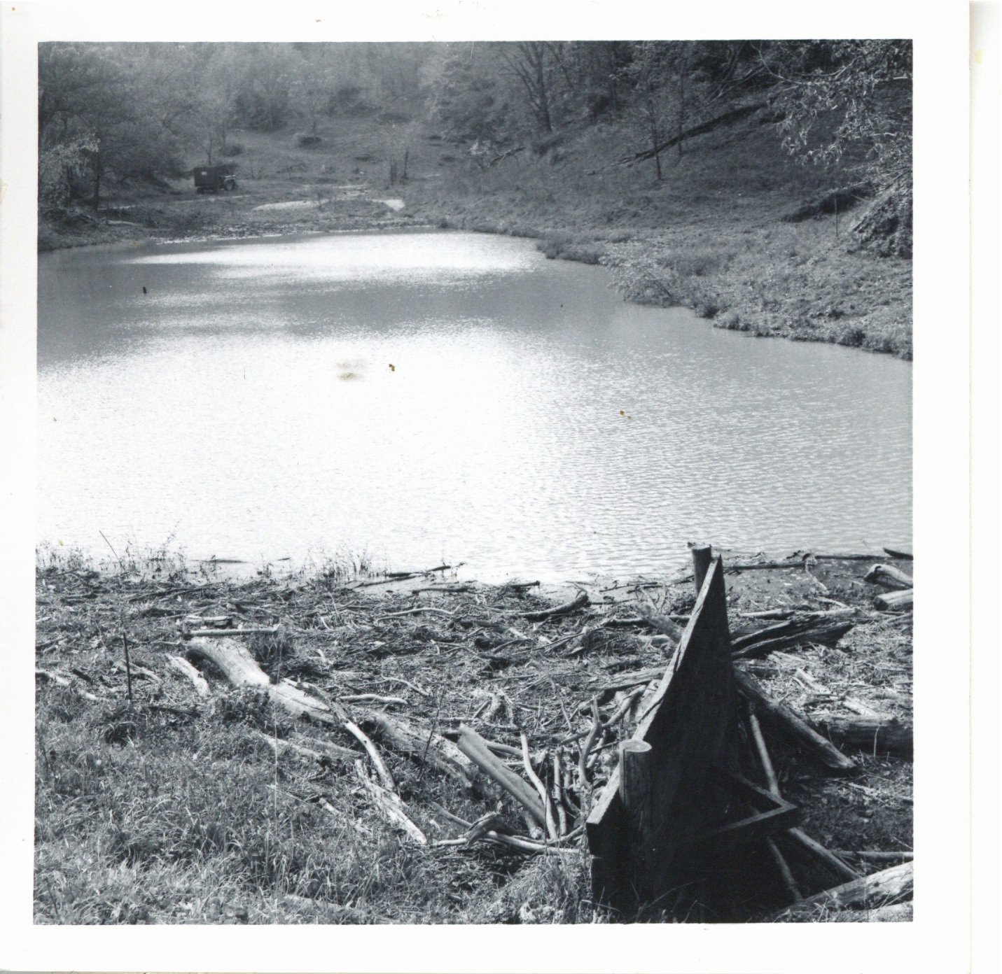 Debris at inlet after flooding on Dr. Irwin flood control dam, 1968