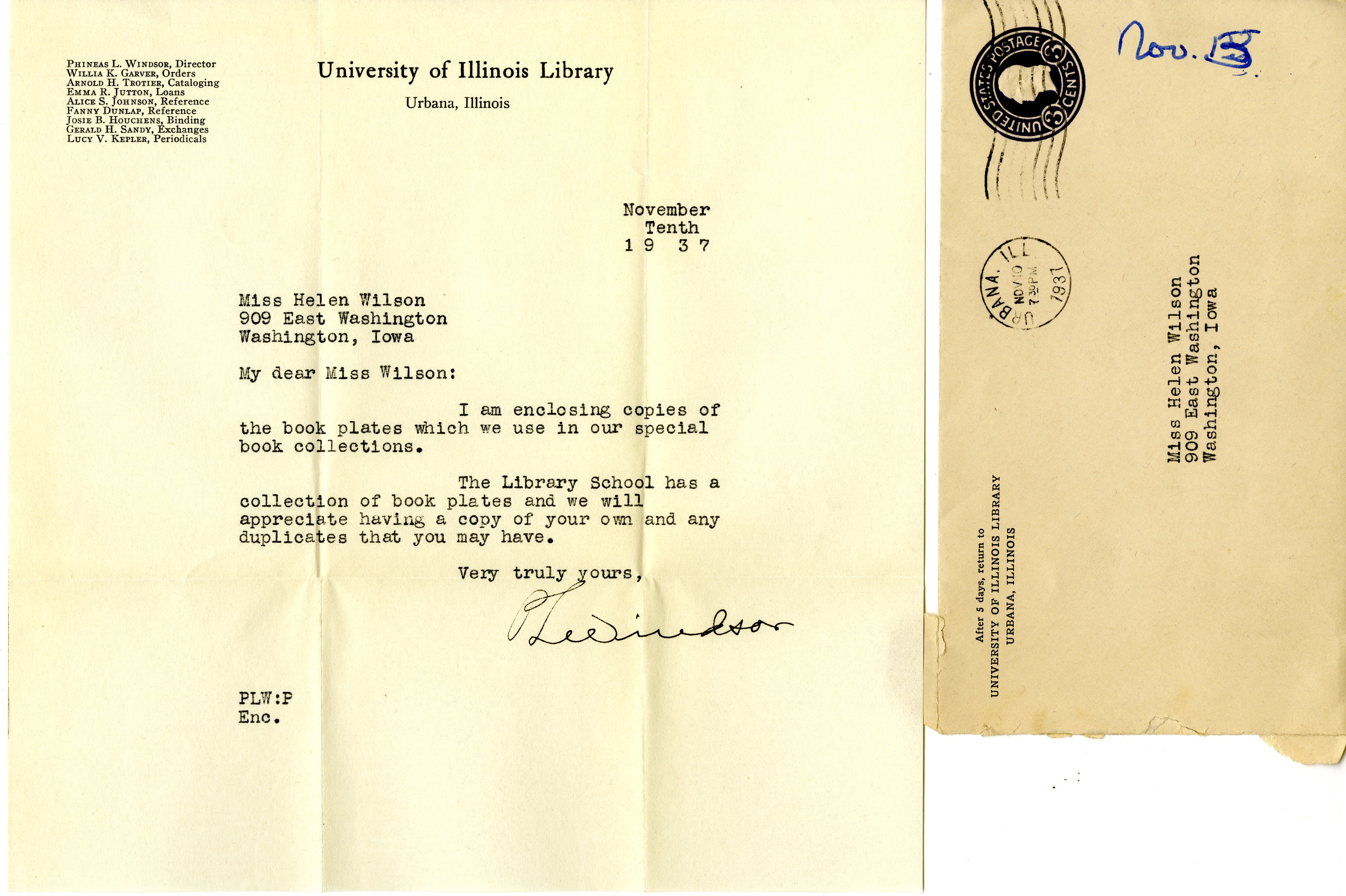 Phineas Windsor letter to Helen Patricia (Patsy) Wilson exchanging University of Illinois bookplates. 
