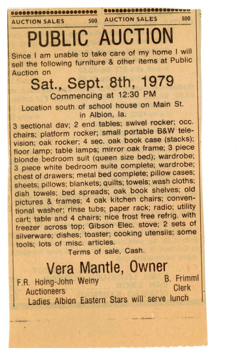 1979 Doc Mantle auction notice