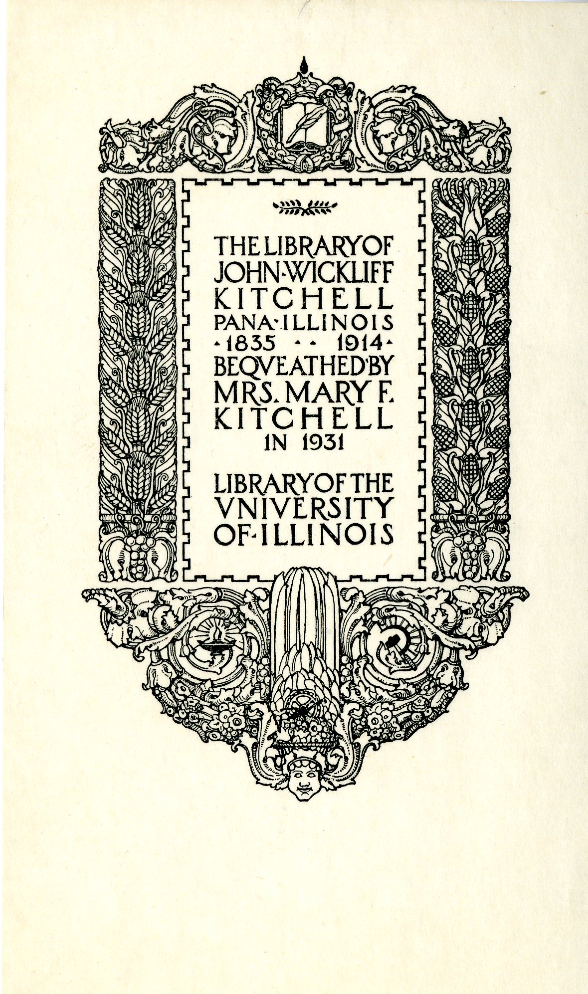 University of Illinois Library of John Wickliff Kitchell Bookplate