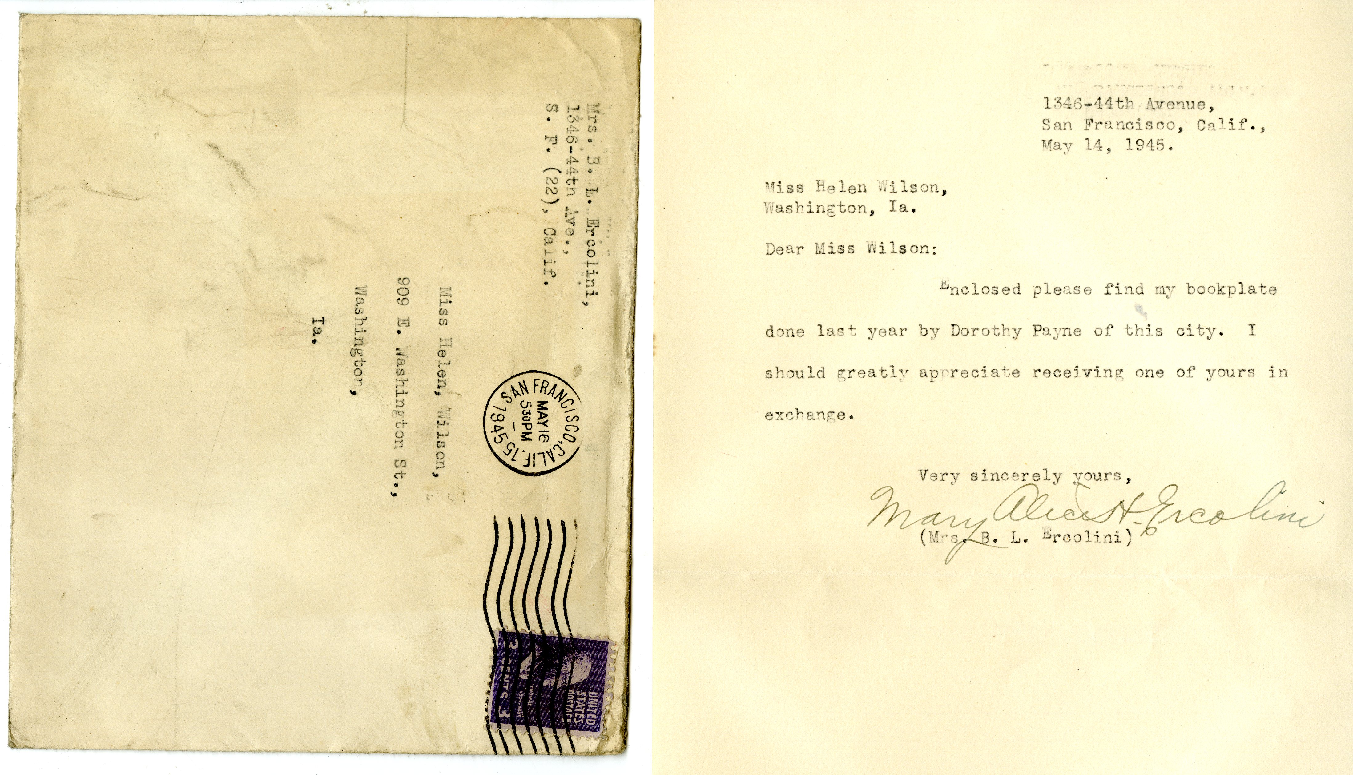 Mary Alice Ercolini letter to Helen Patricia (Patsy) Wilson containing a bookplate to exchange. 