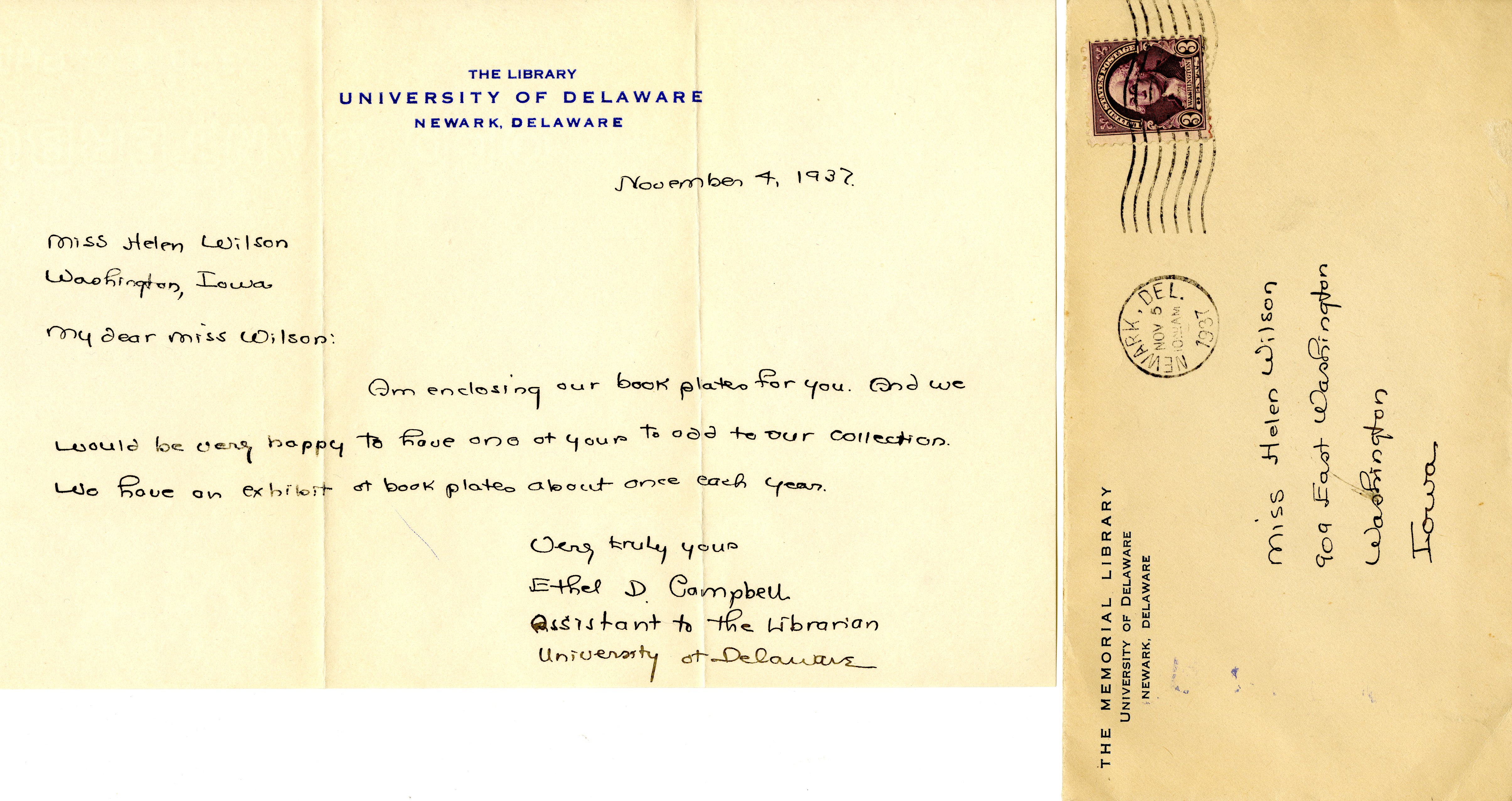 Ethel D. Campbell letter to Helen Patricia (Patsy) Wilson exchanging bookplates from the University of Delaware.