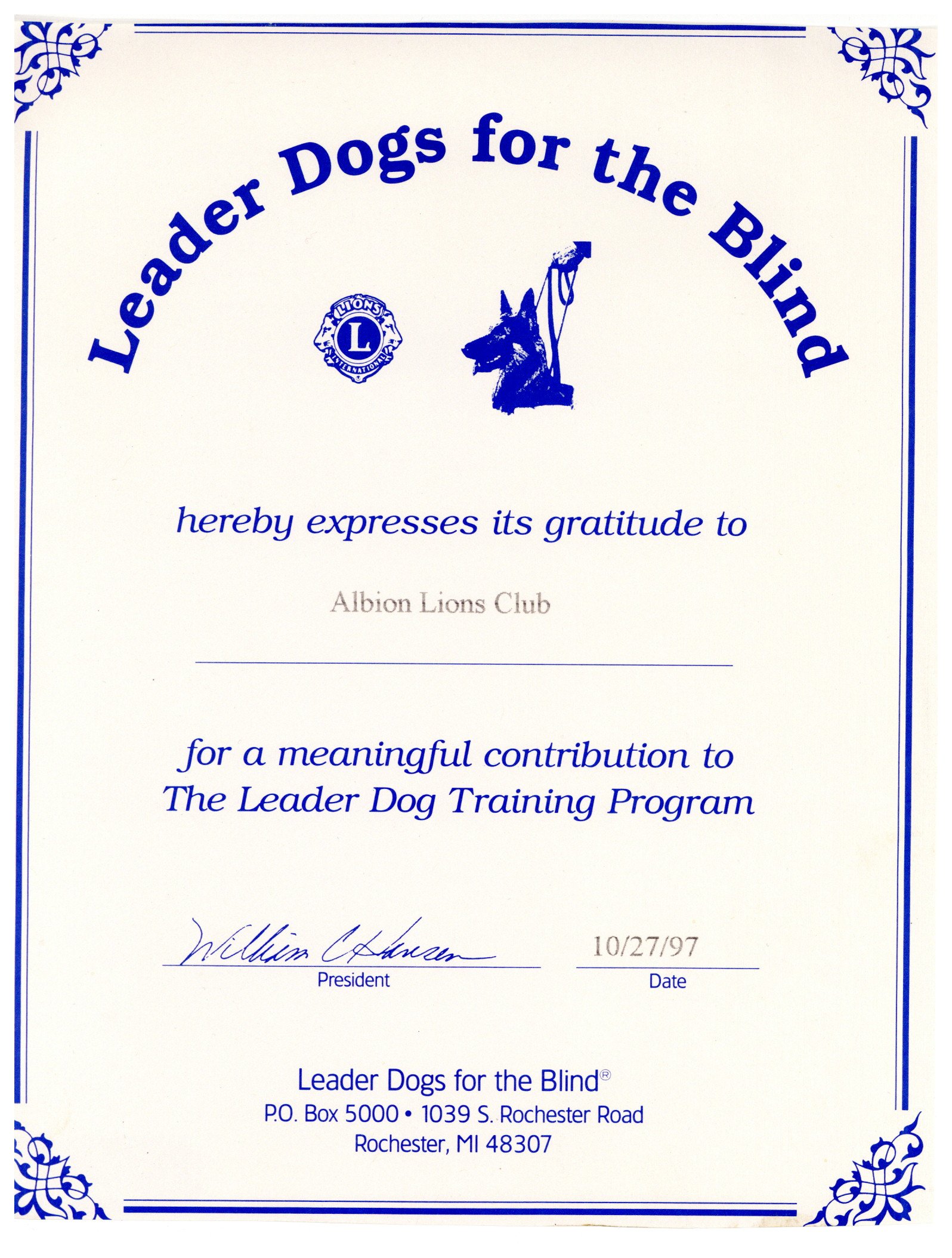 Albion Lions Club - certificate 1997