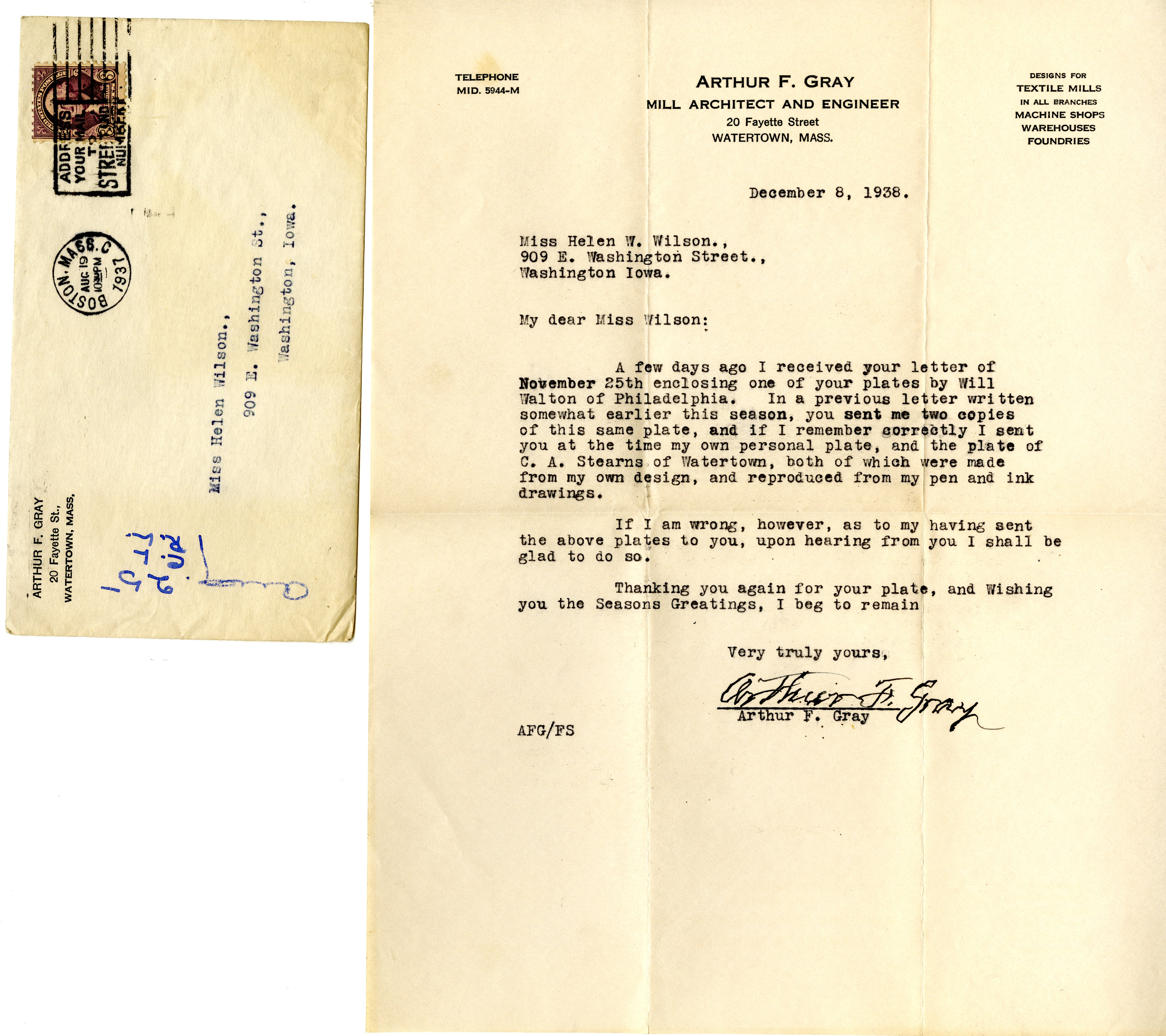 Arthur F. Gray letter to Helen Patricia (Patsy) Wilson exchanging bookplates. 