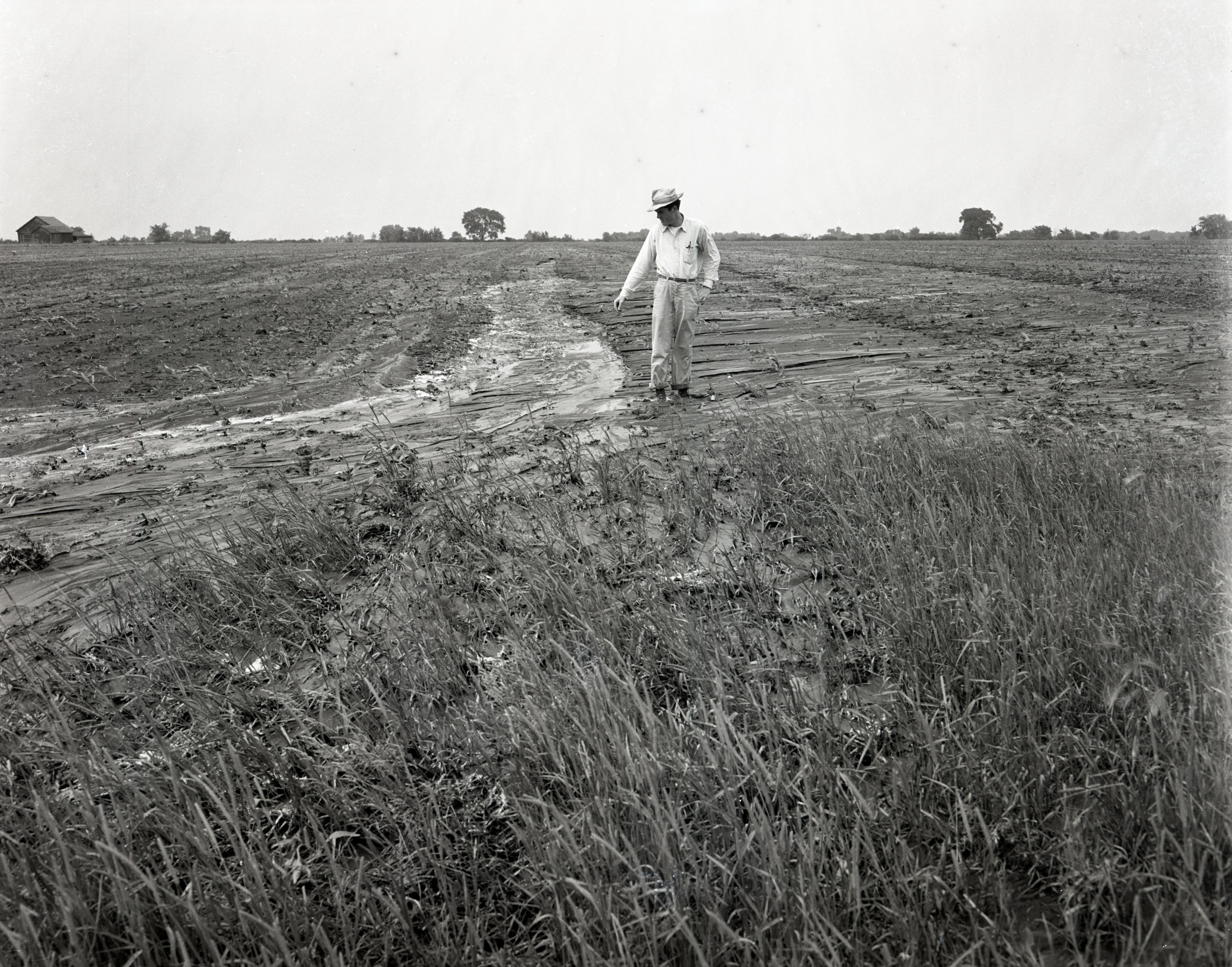 Man Points to Water Running Down Eroded Field