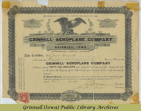 Grinnell Aeroplane Company stock certificate 