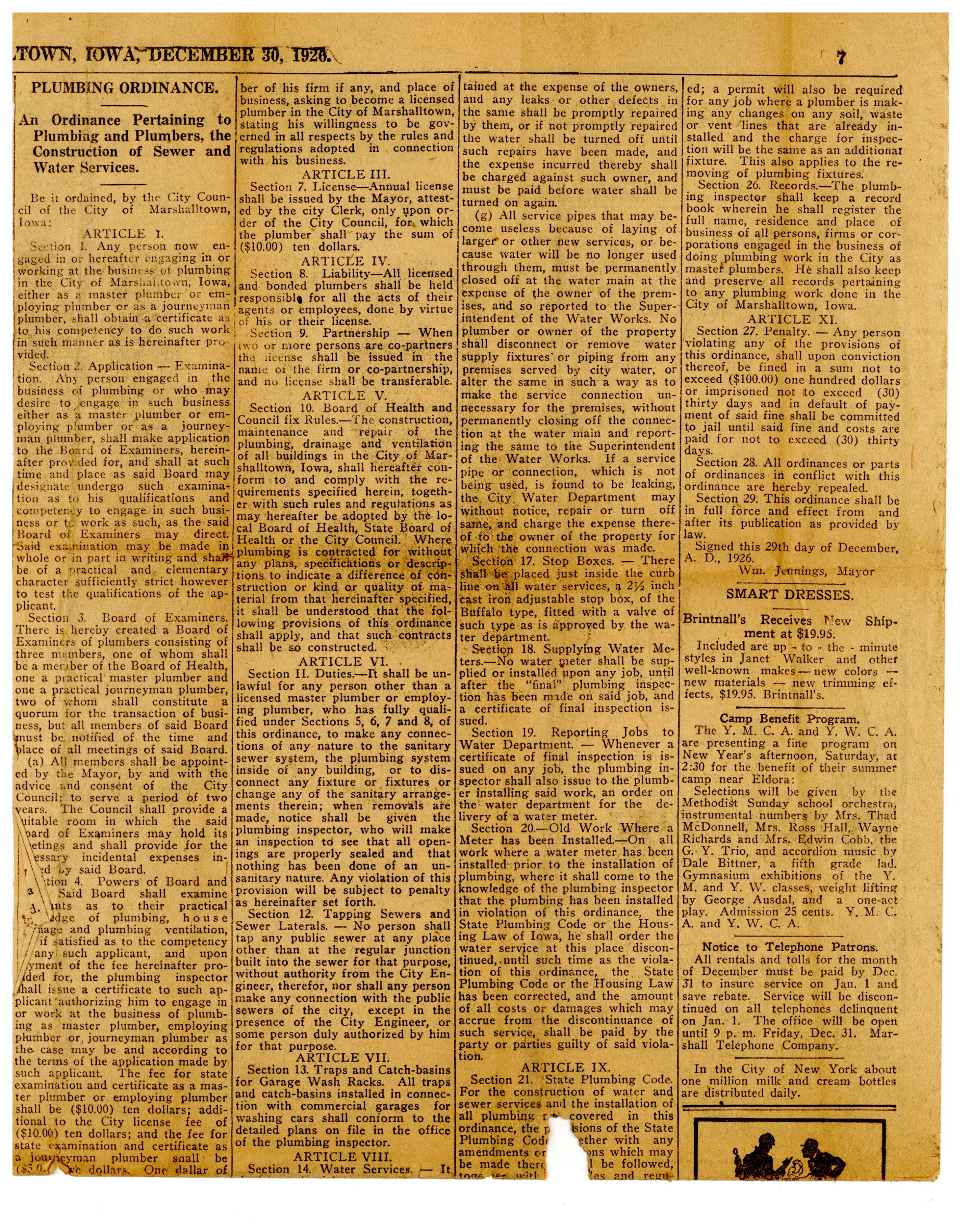 12-30-1926 Newspaper page from Marshalltown Paper