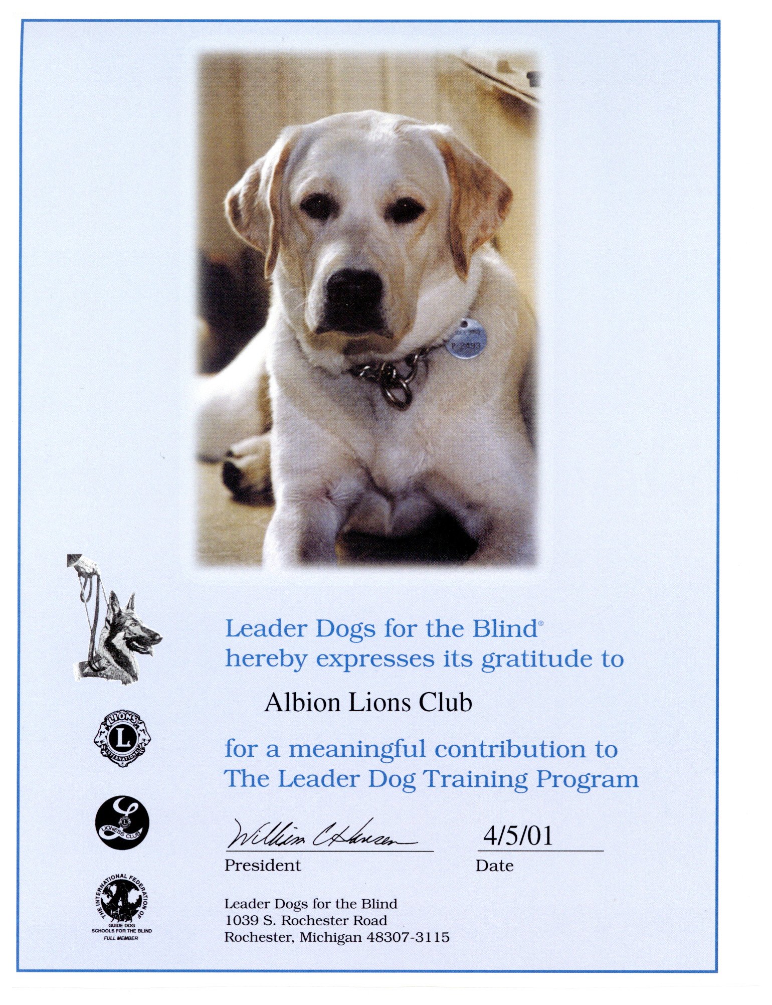 Albion Lions Club - certificate 2001