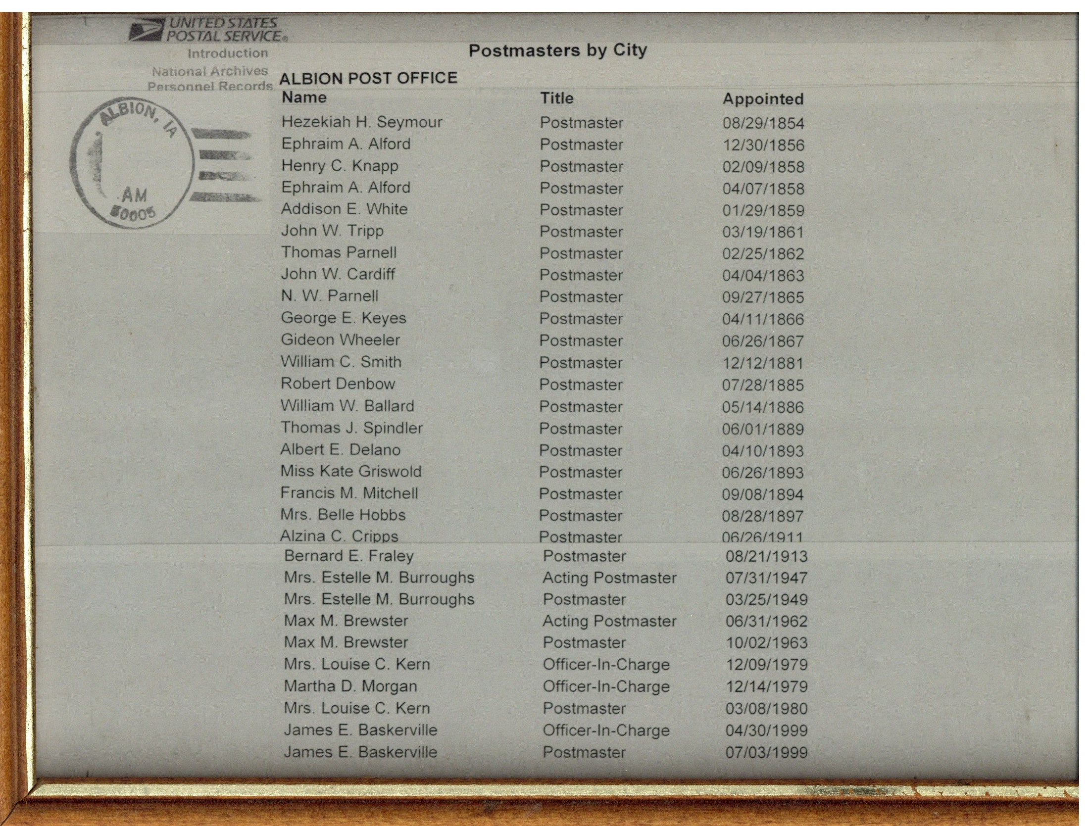 1854-1999 Past Post Masters, Albion, Iowa