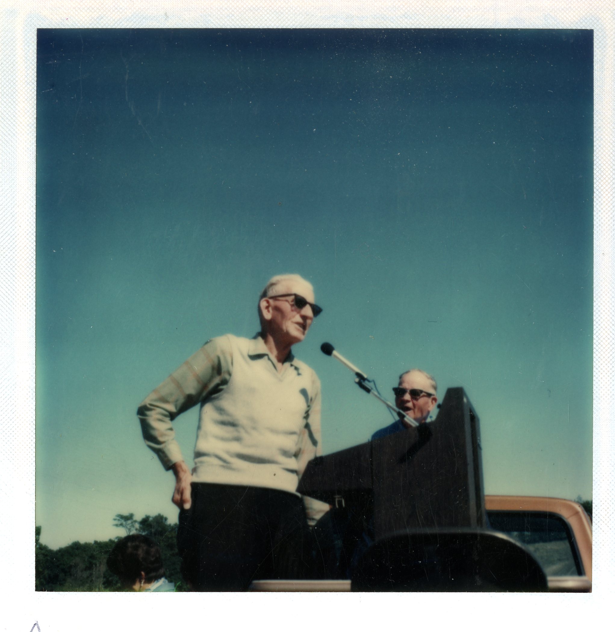 1976 Marion Clark and Harold Bauman on platform at Big Waucondah Watershed dedication