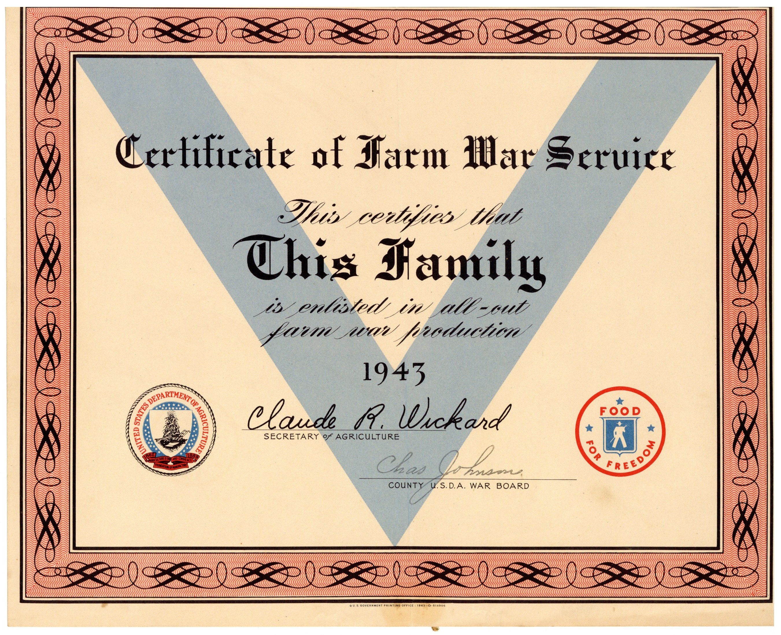 1943 - Certificate of Farm War Service