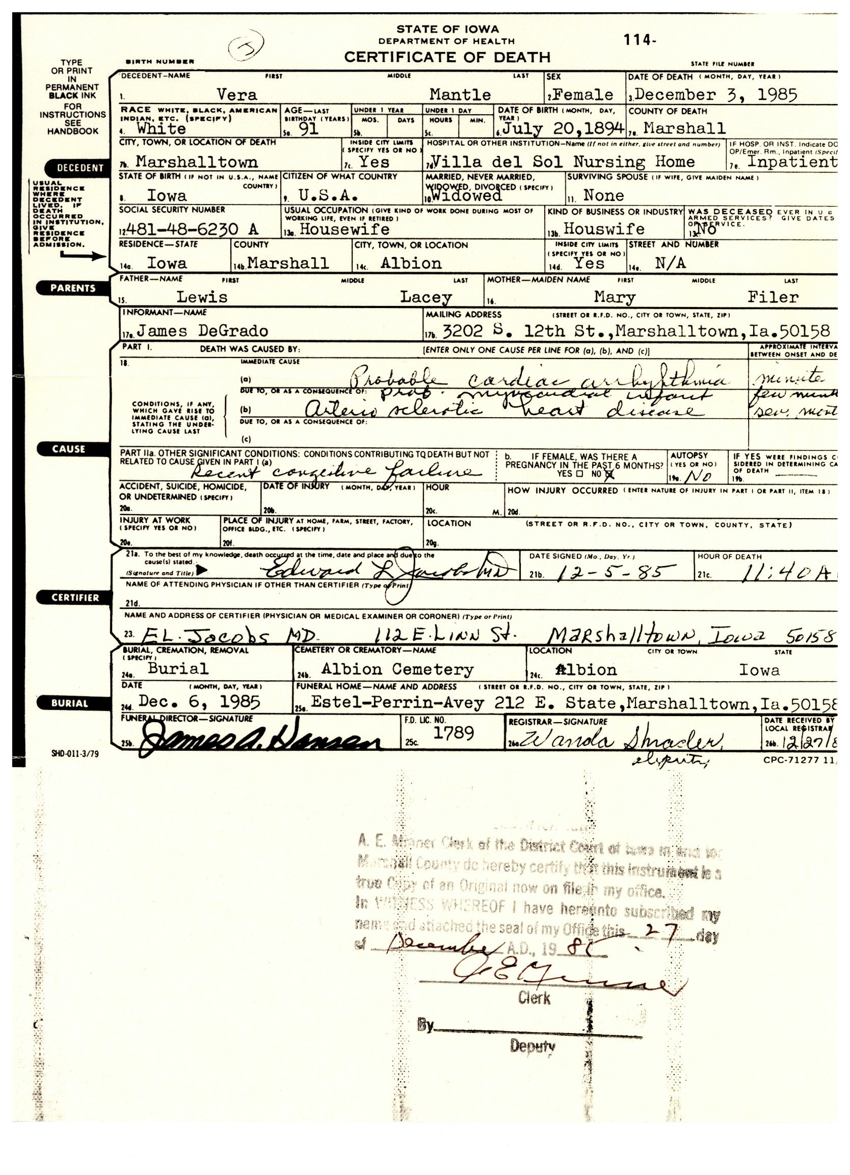 1985 Doc Mantle's wife, Vera