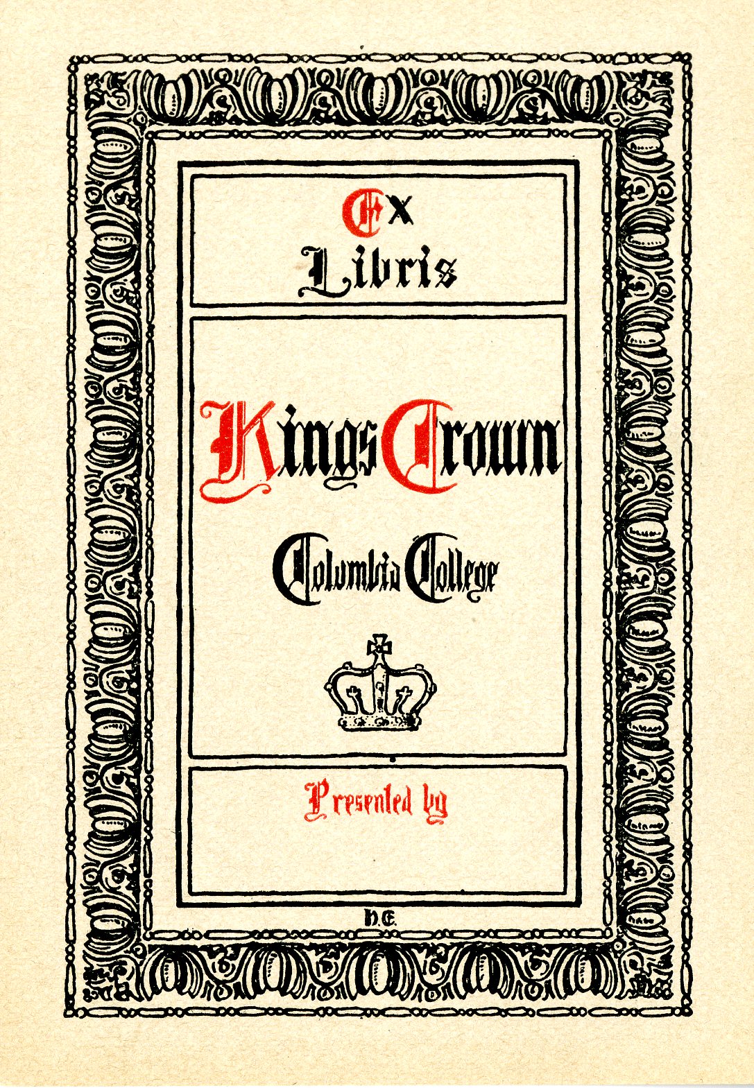 Columbia College: Kings Crown Bookplate