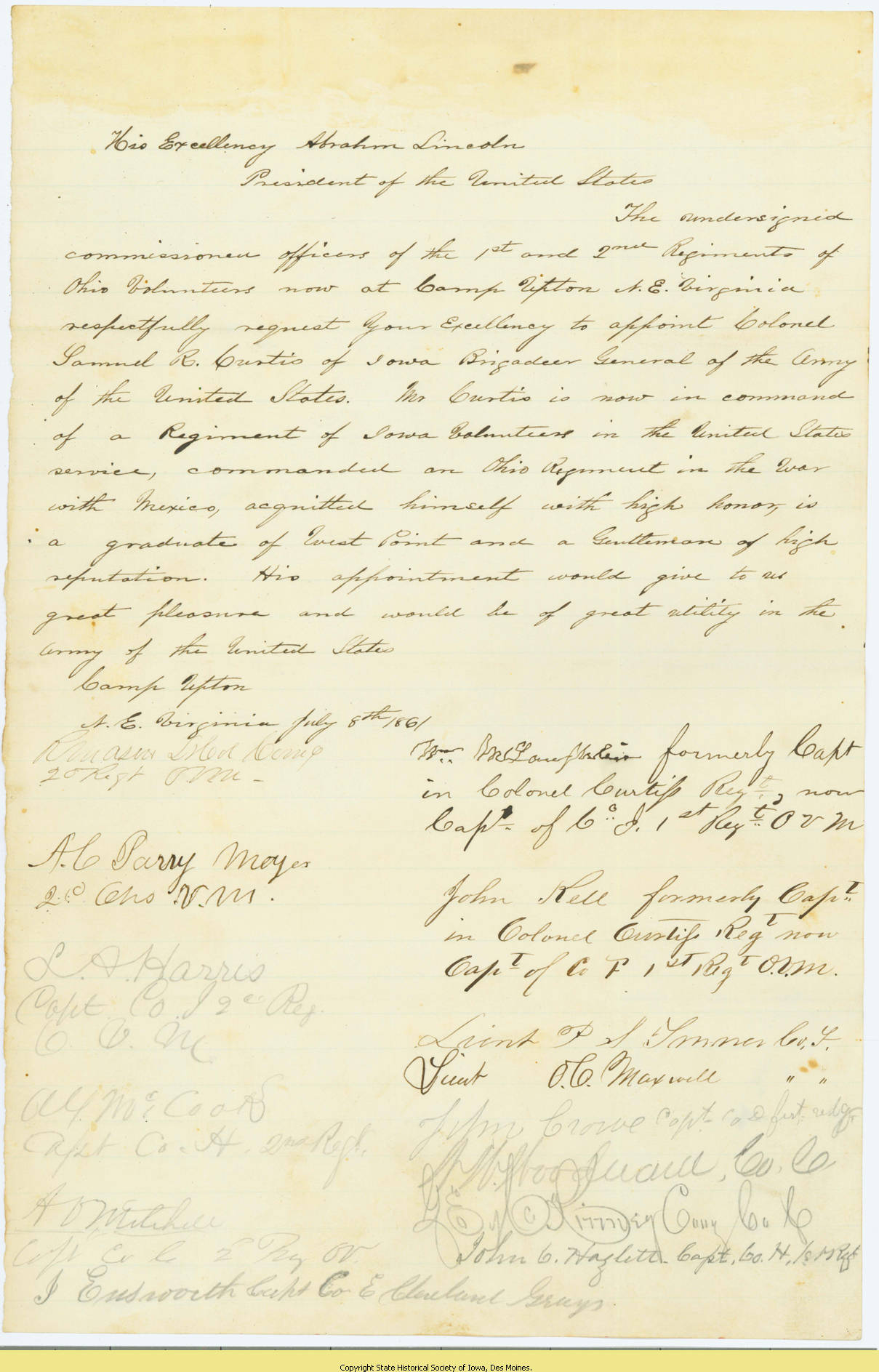 07. Petition to Lincoln recommending appointment of Samuel R. Curtis as brigadier general