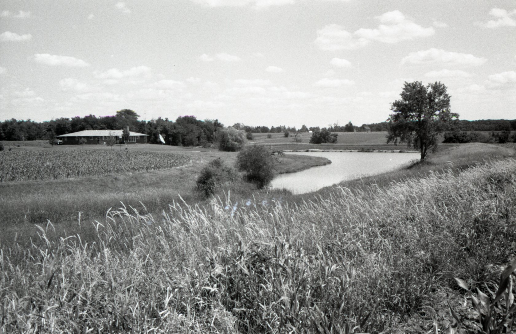 Ranch house  and pond in rural area