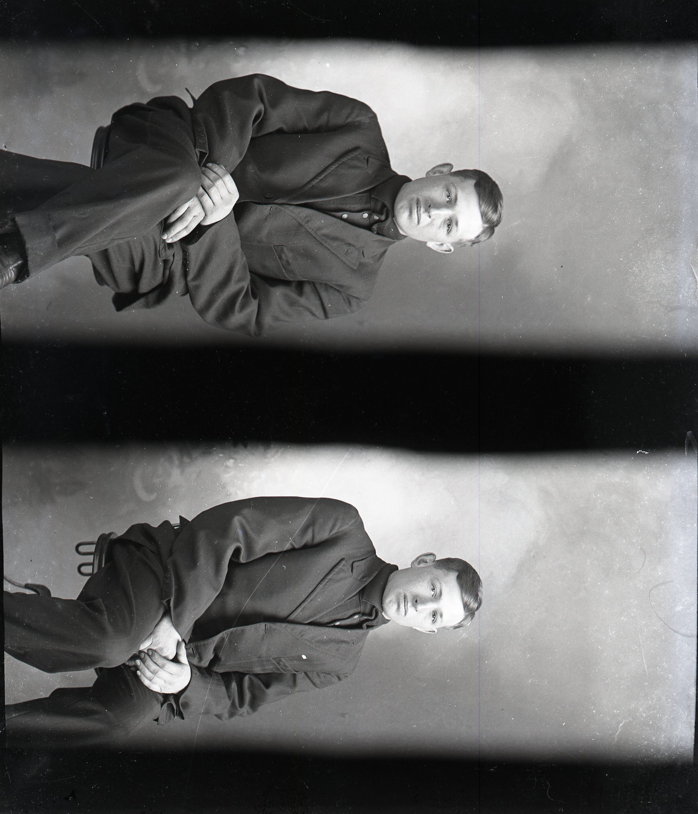 Two photos of man sitting