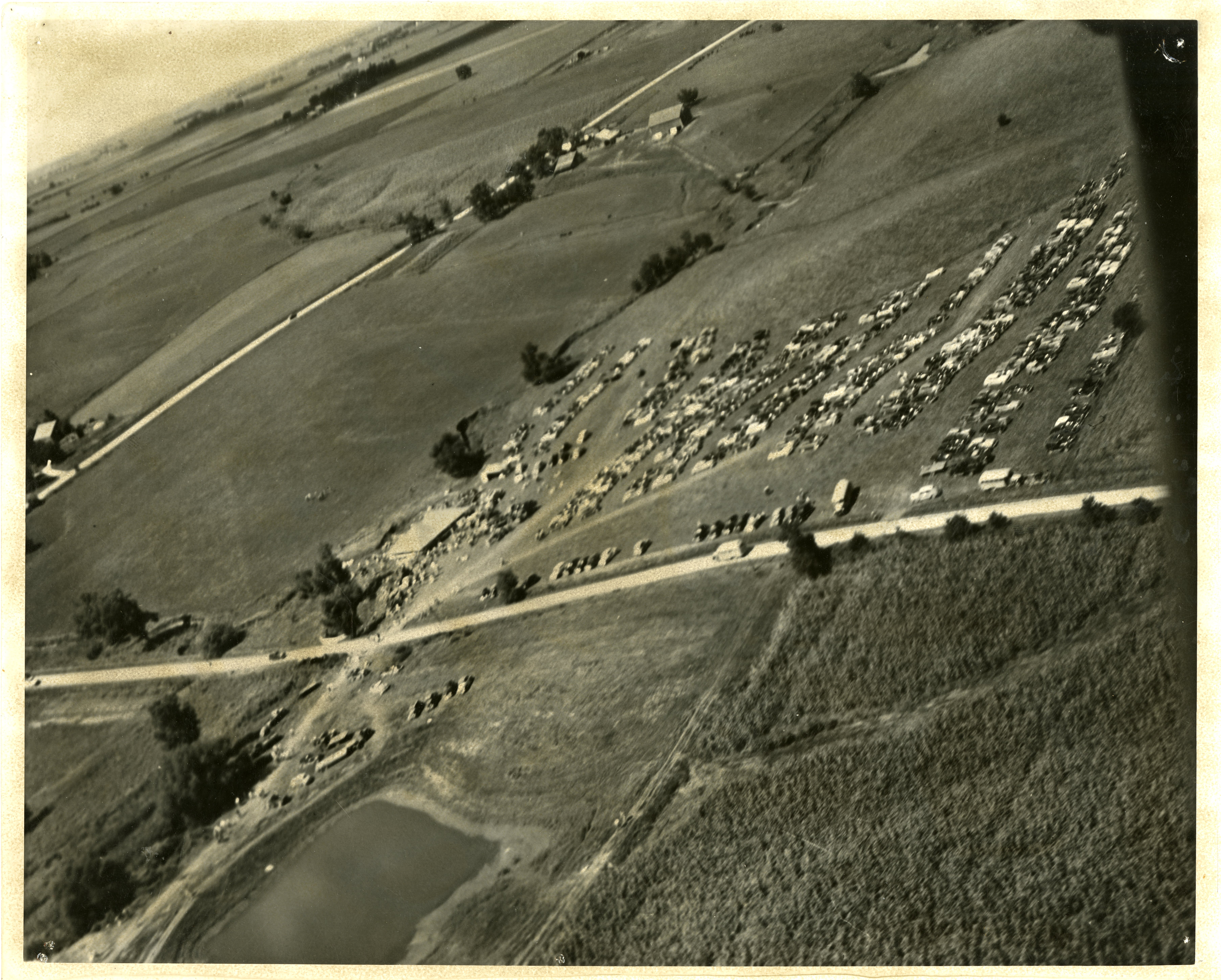1948 Field Day Aerial view looking north and west over  headquarters food tent and parking area