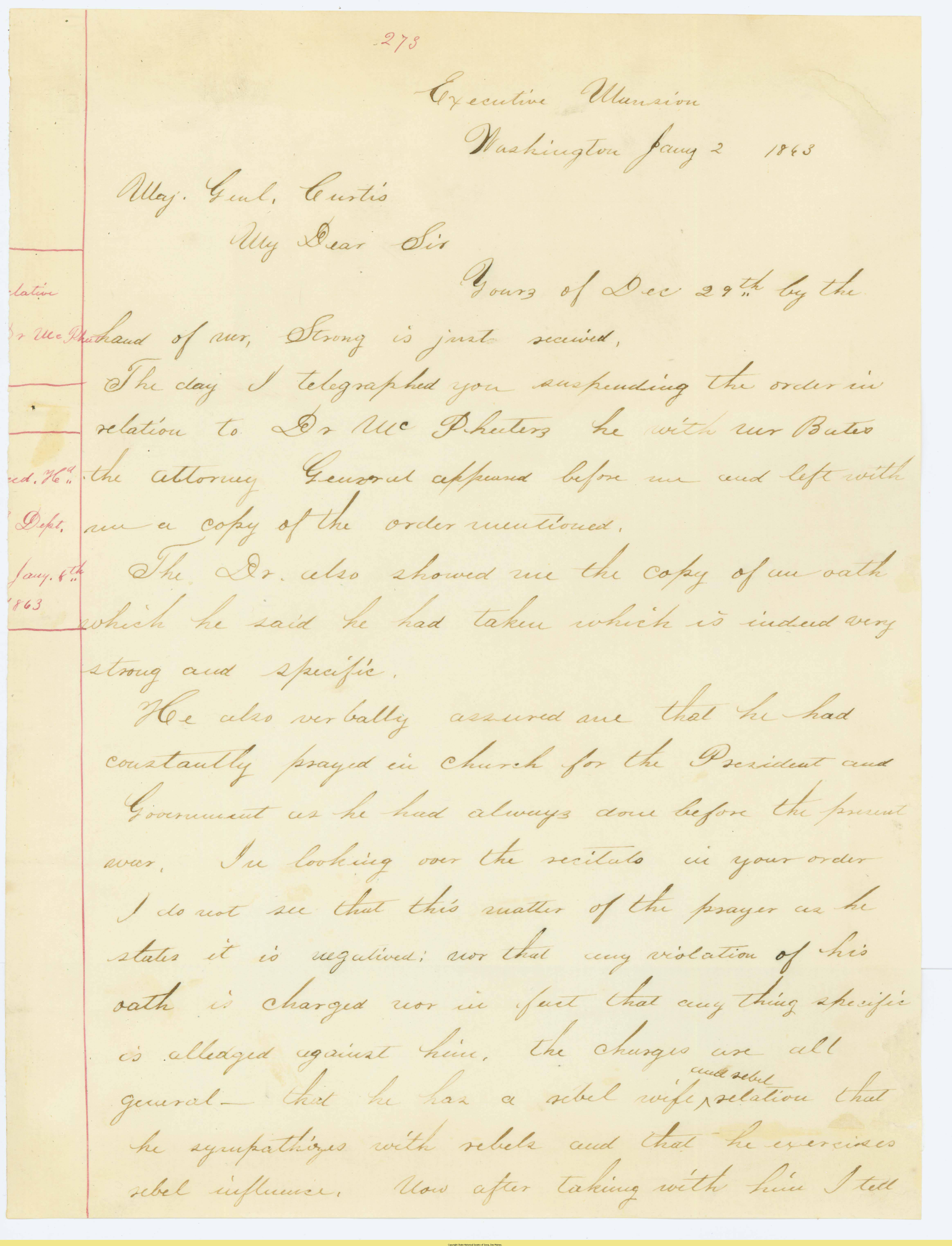 44. Lincoln to Gen. Samuel R. Curtis on proposed exile of Southern sympathizer Samuel B. McPheeters and church governance