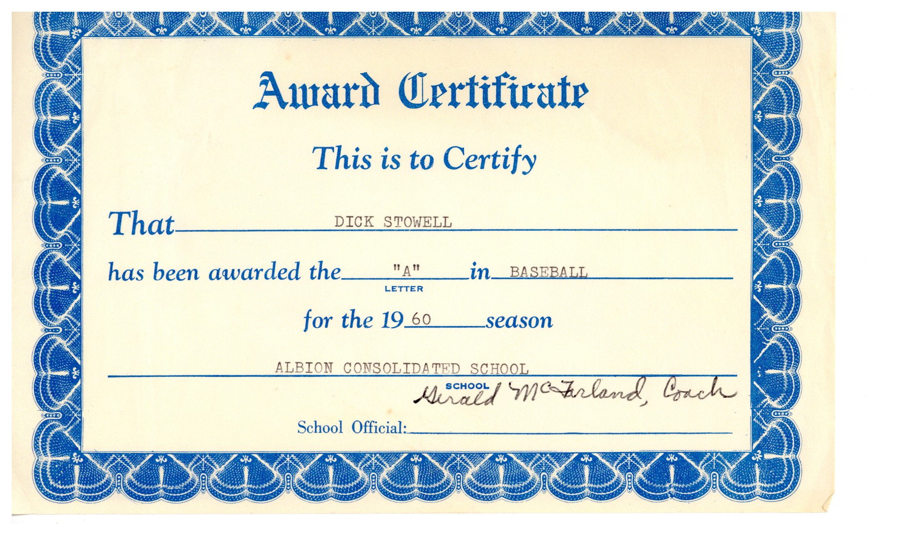 1961 award AHS - Dick Stowell