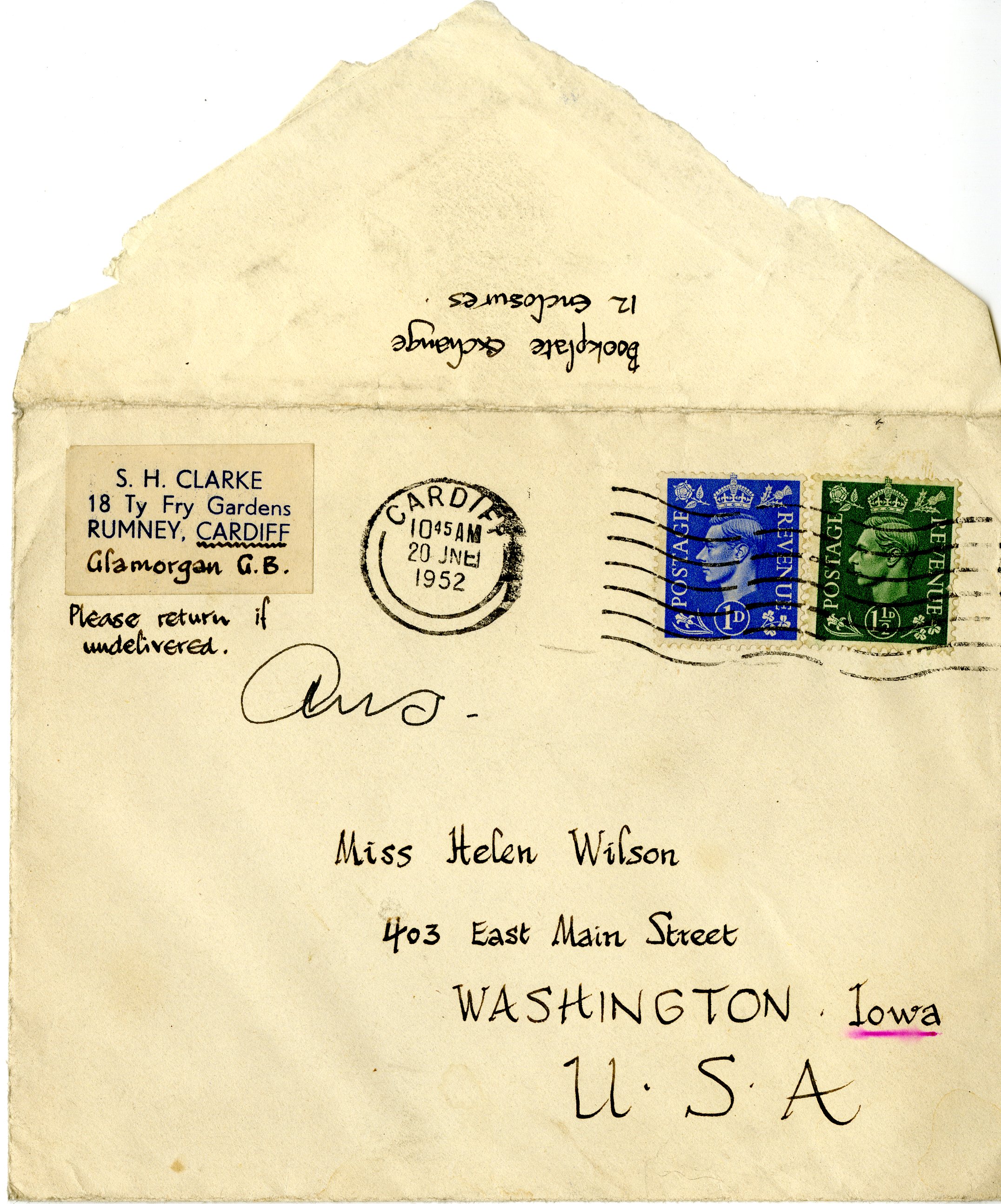 S.H. Clarke envelope without letter addressed to Helen Patricia (Patsy) Wilson exchanging bookplates. 