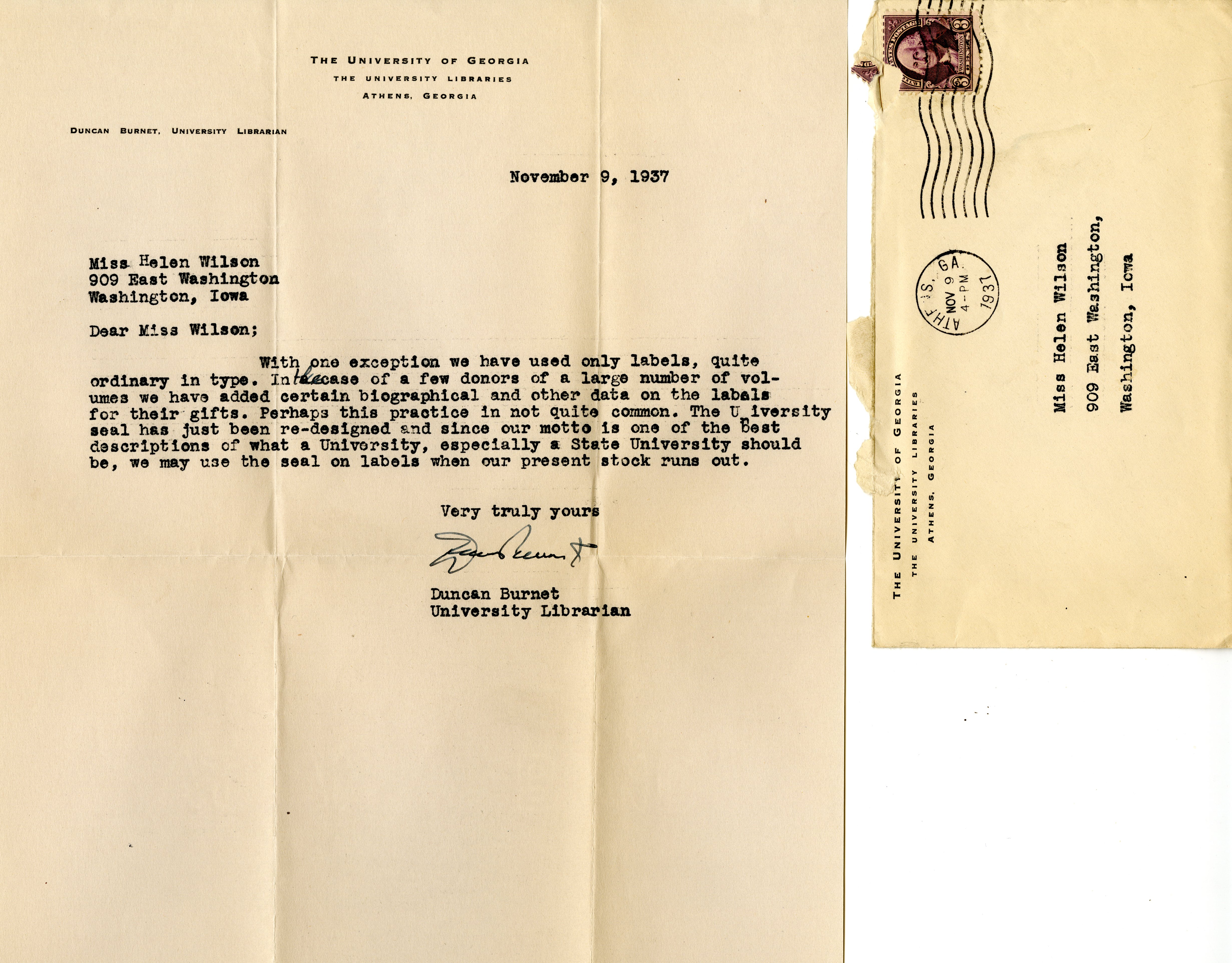 Duncan Burnet letter to Helen Patricia (Patsy) Wilson exchanging bookplates. 