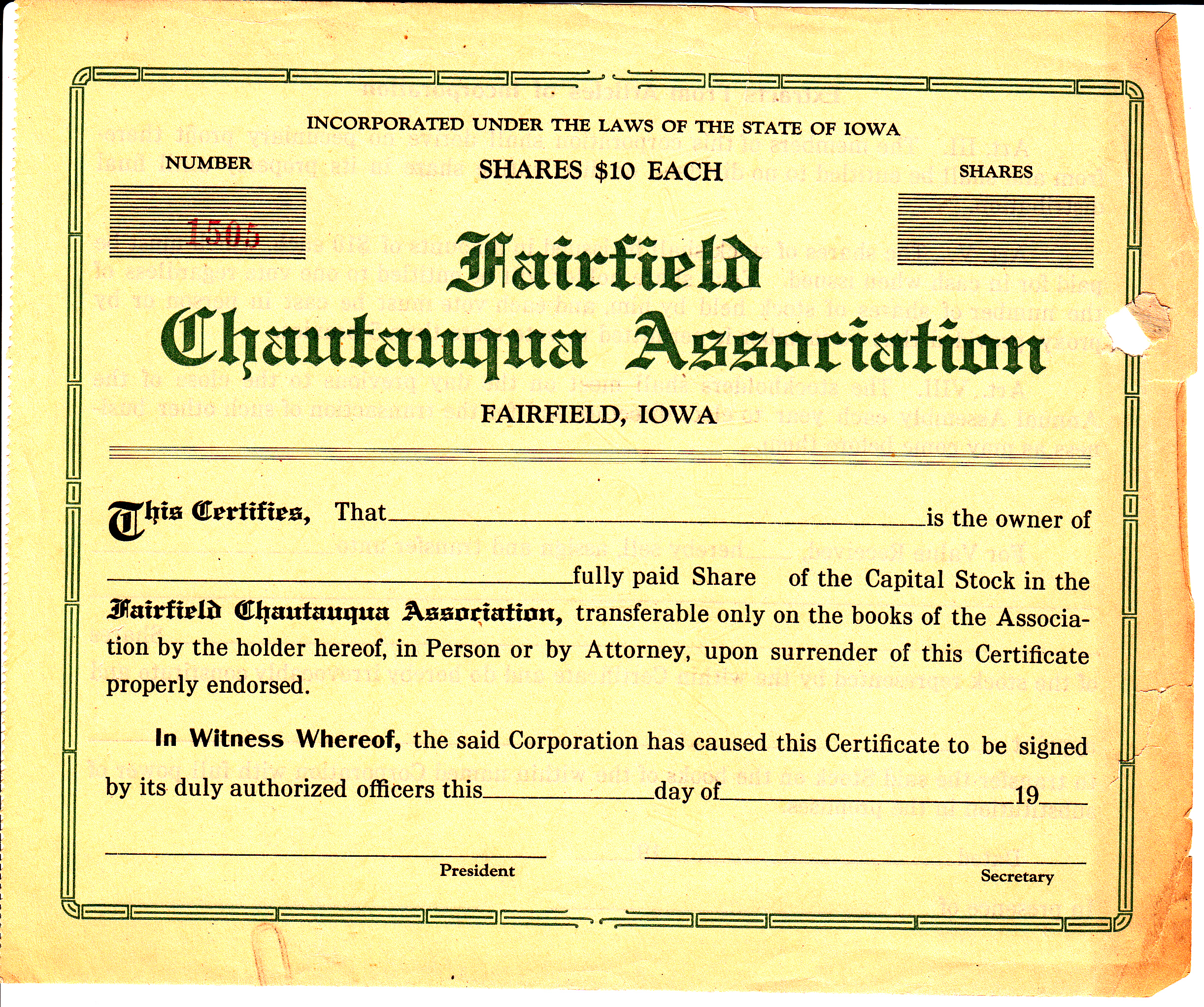 Chautauqua stock certificate