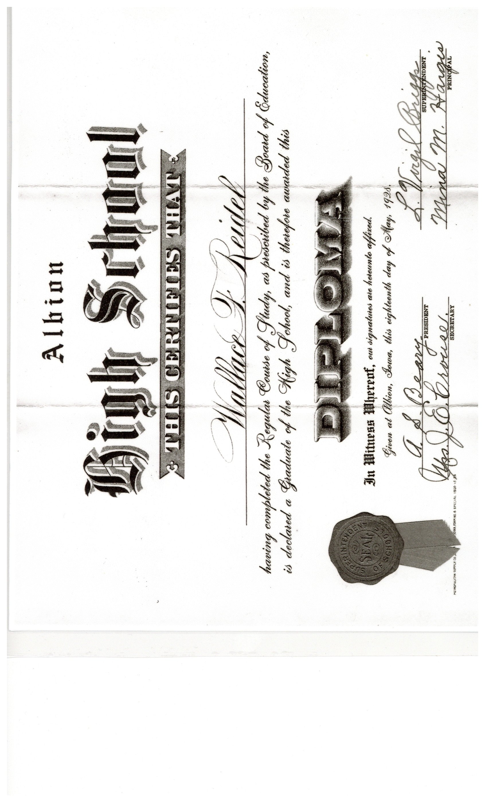 1928 AHS Diploma - Wallace Reidel