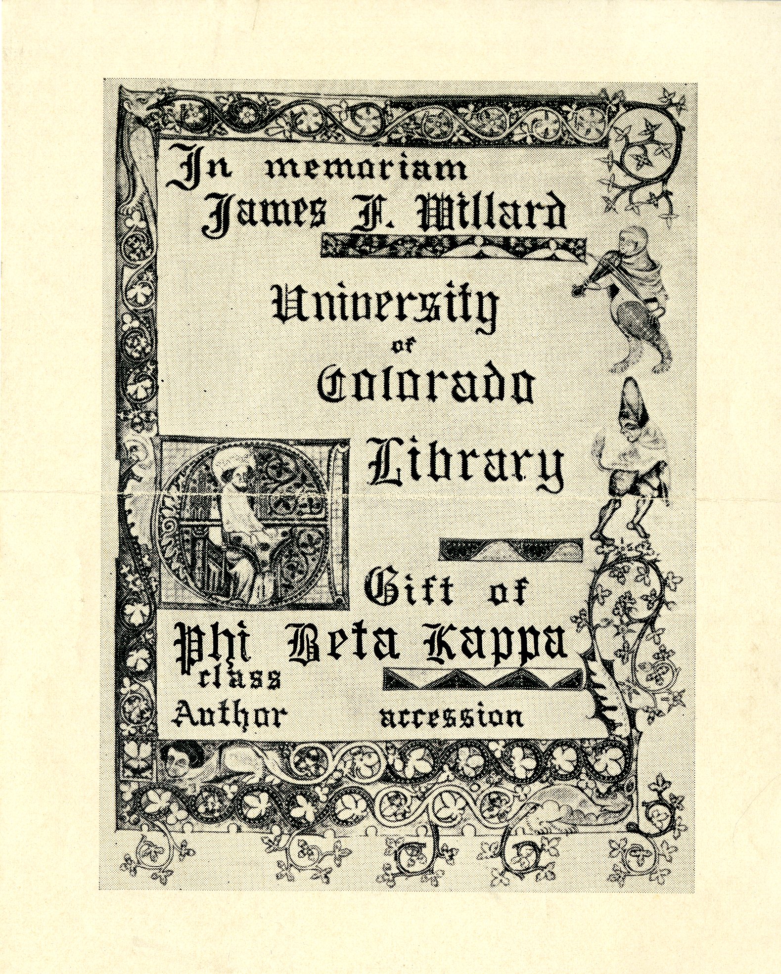 University of Colorado Library Memorial Bookplate to James F. Willard