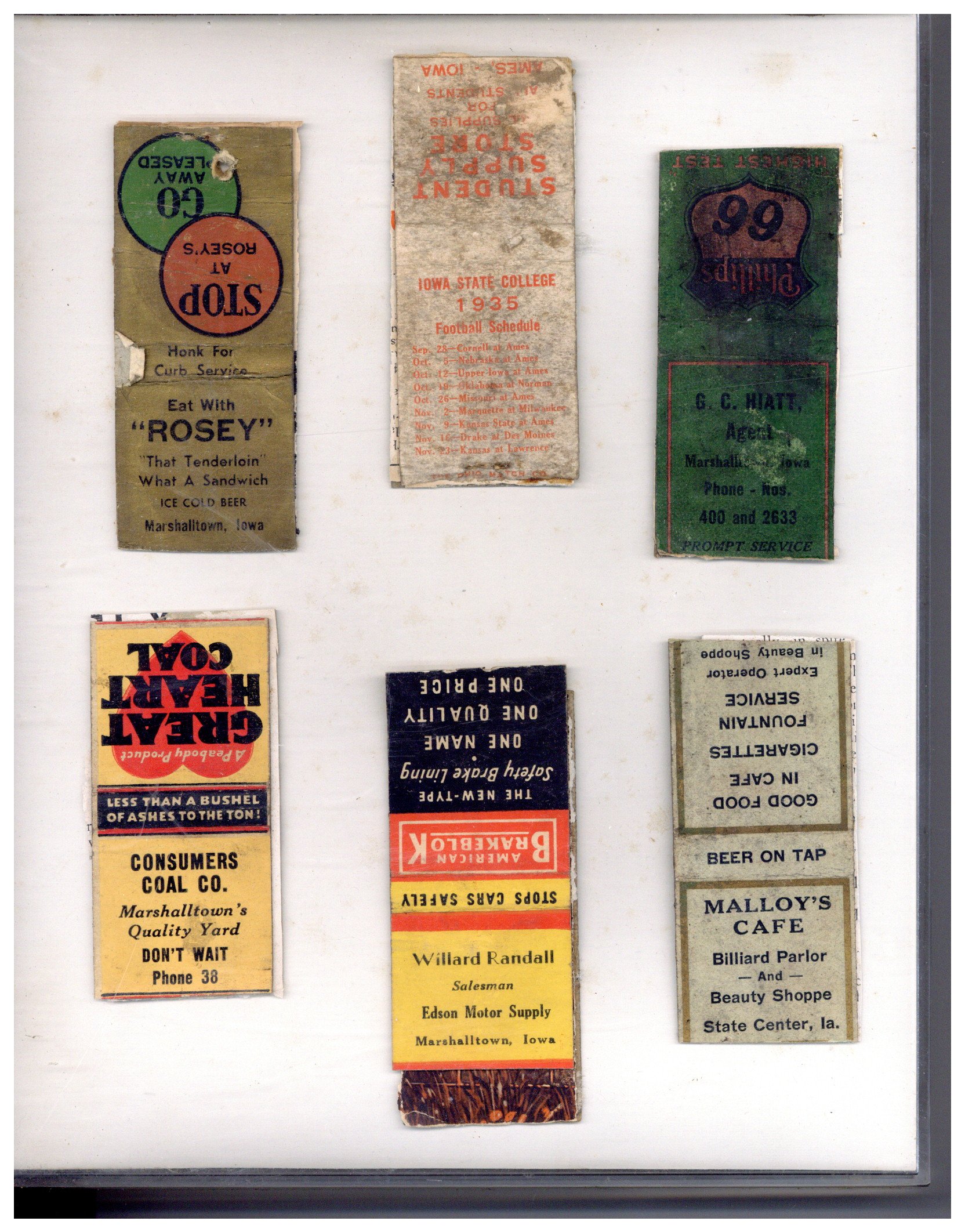 Albion, Iowa businesses - matchbook covers from local businesses, includes Iowa State football schedule (1935)