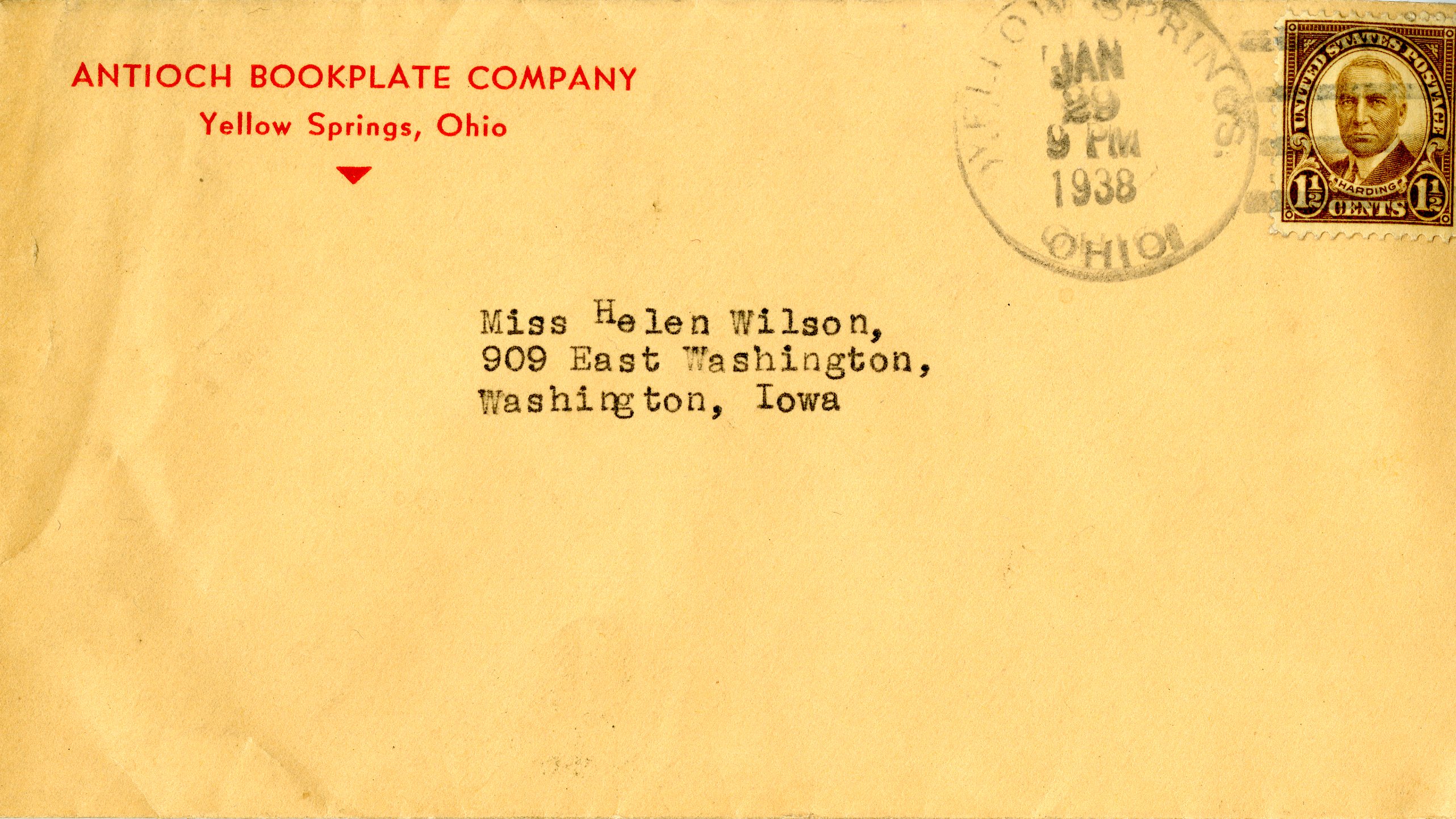Antioch Bookplate Company envelope addressed to Helen Patricia (Patsy) Wilson, no contents inside