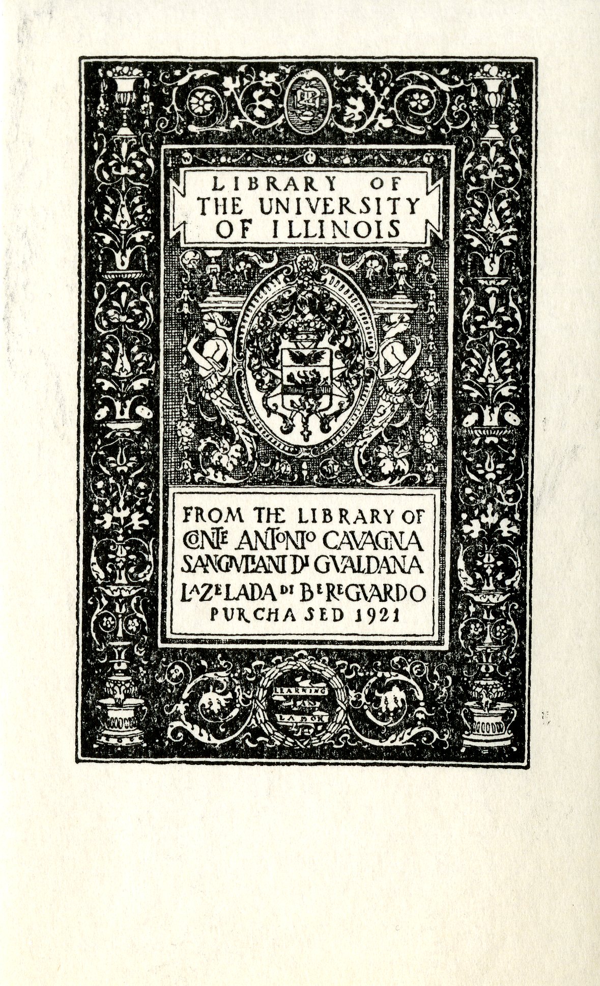 University of Illinois Library of Conte Antonio Cavagna Sangutlandi Di Gualdana Lazelada Di Bereguardo Bookplate