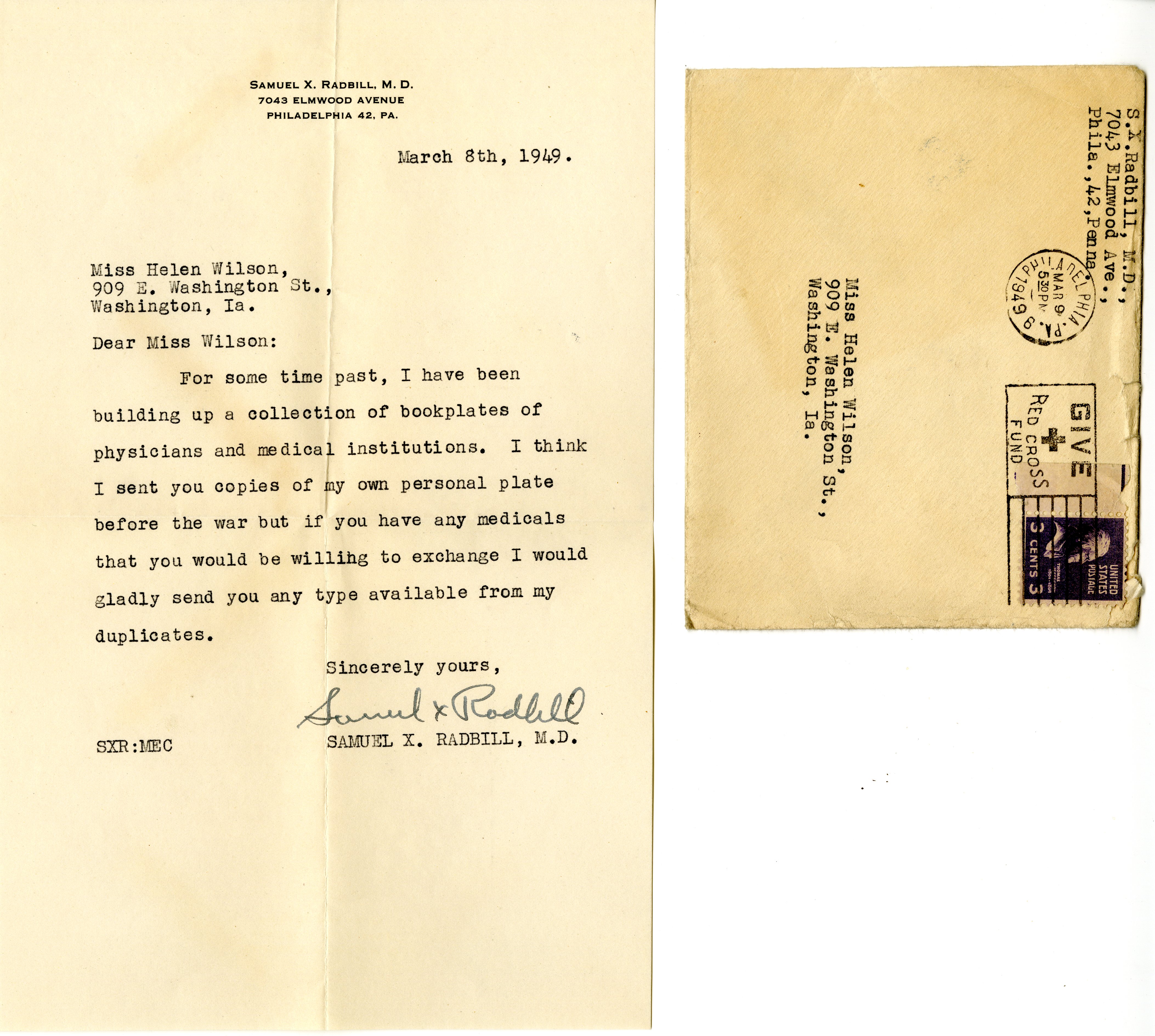 Samuel X. Radbil letter to Helen Patricia (Patsy) Wilson exchanging bookplates.  