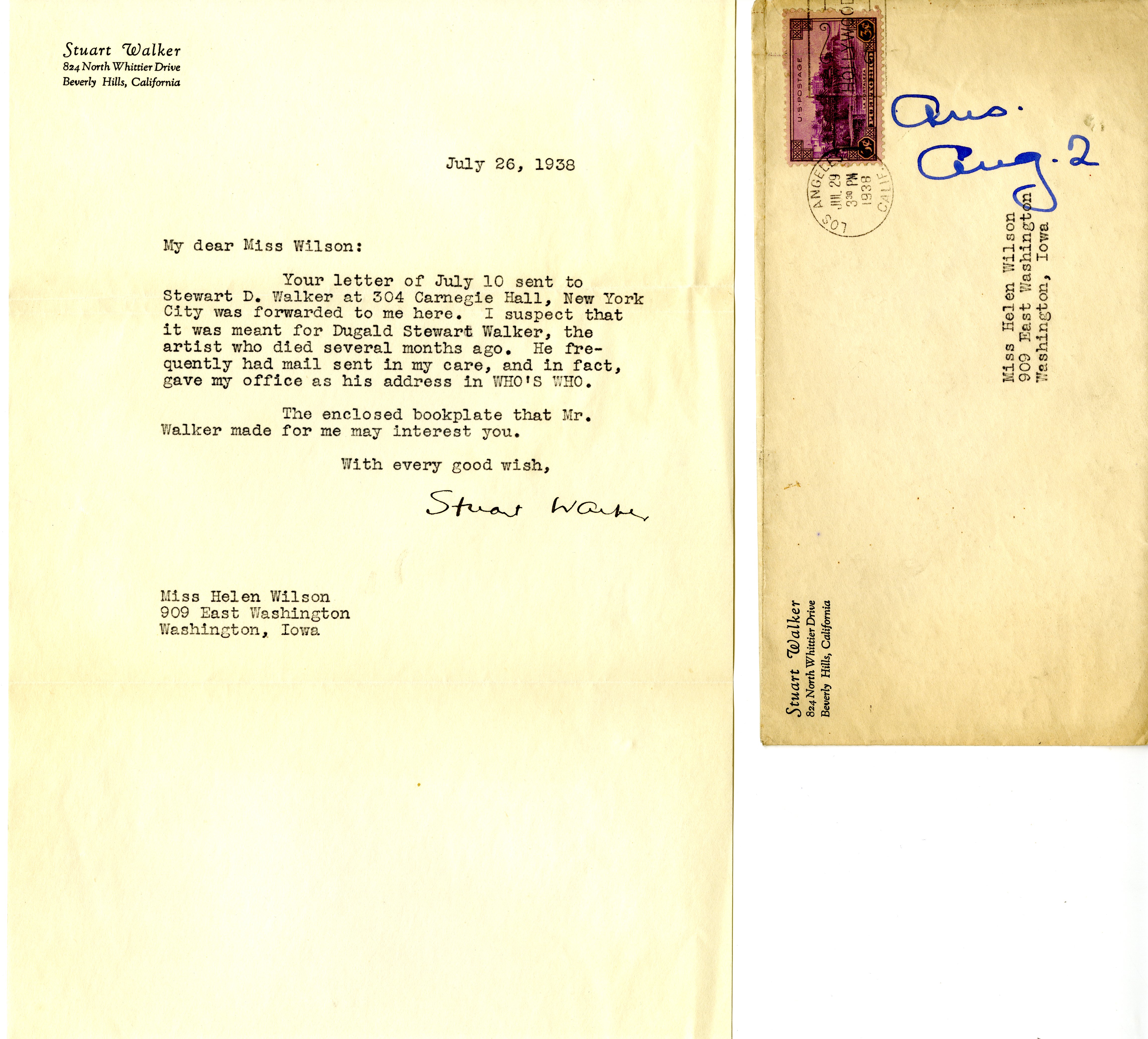 Stuart D. Walker letter to Helen Patricia (Patsy) Wilson exchanging bookplates. 