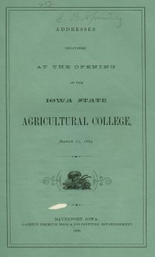 Title page; Address delivered on the opening day of the Iowa State University Agricultural College 