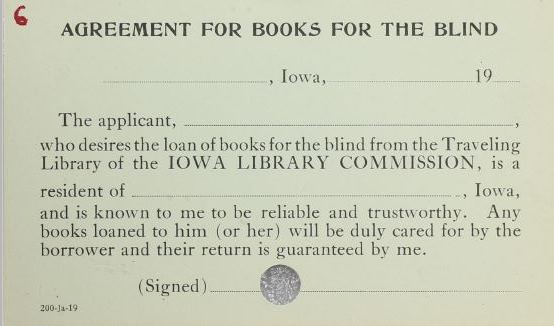 Agreement Card: Books for the Blind