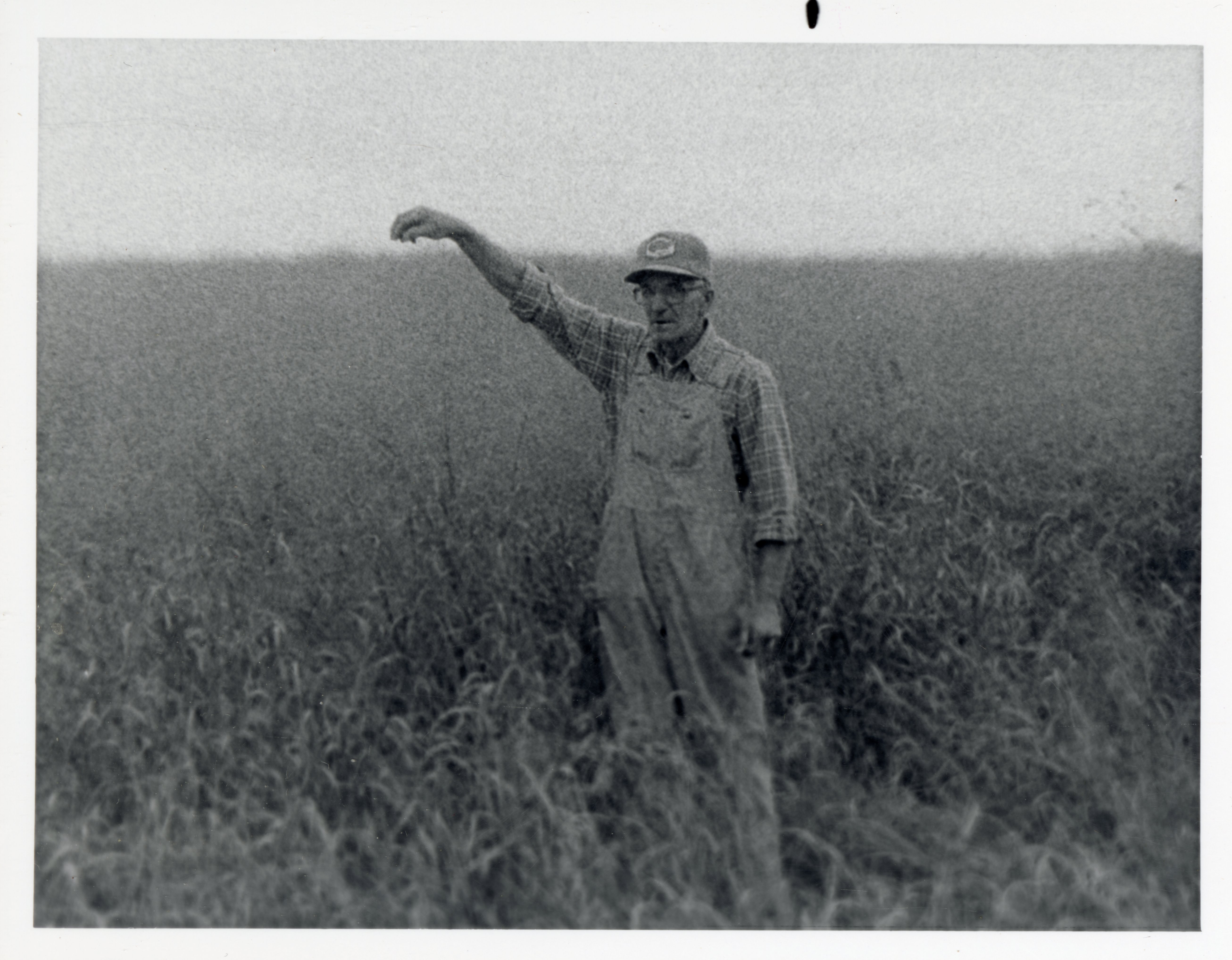 Farmer Wearing Overalls, Hat, and Glasses Stands in  Grassy Field with Arm Extended Above Head
