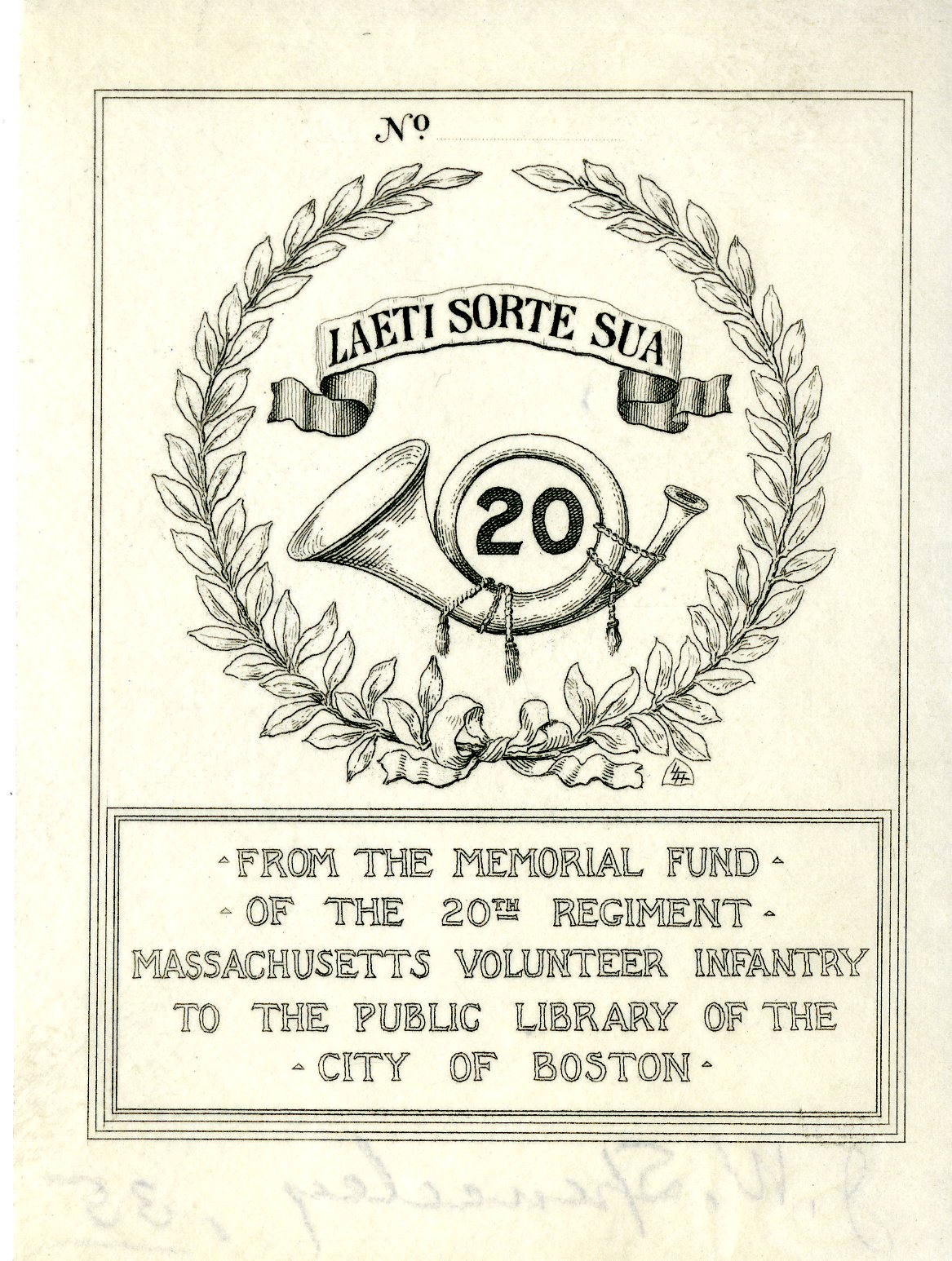 Memorial Fund of the 20th Regiment Massachusetts Volunteer Infantry to the Public Library of the City of Boston Bookplate. 